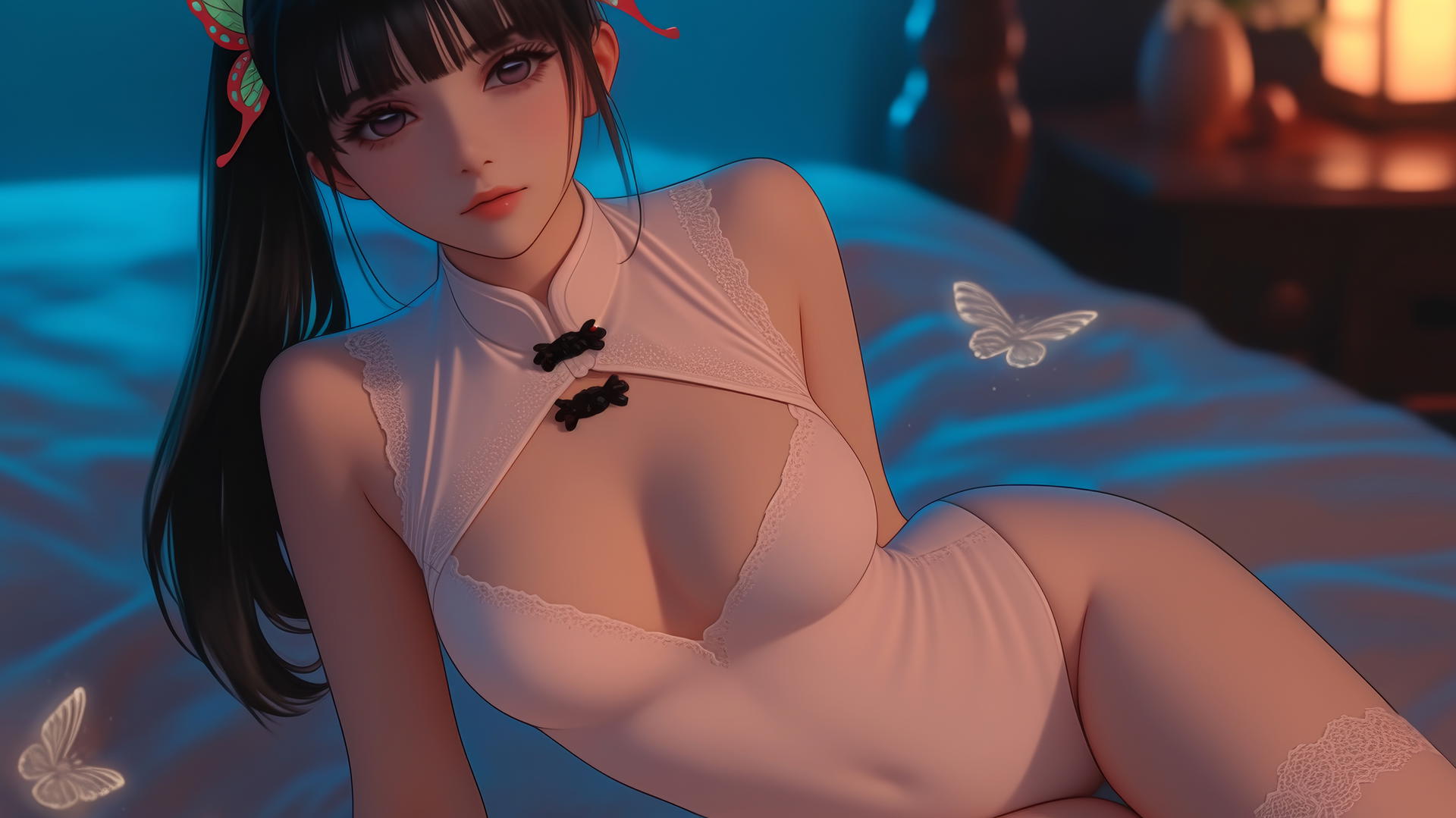Kanao Tsuyuri from Demon Slayer in a modern hotel, warm light highlighting her figure and legs.