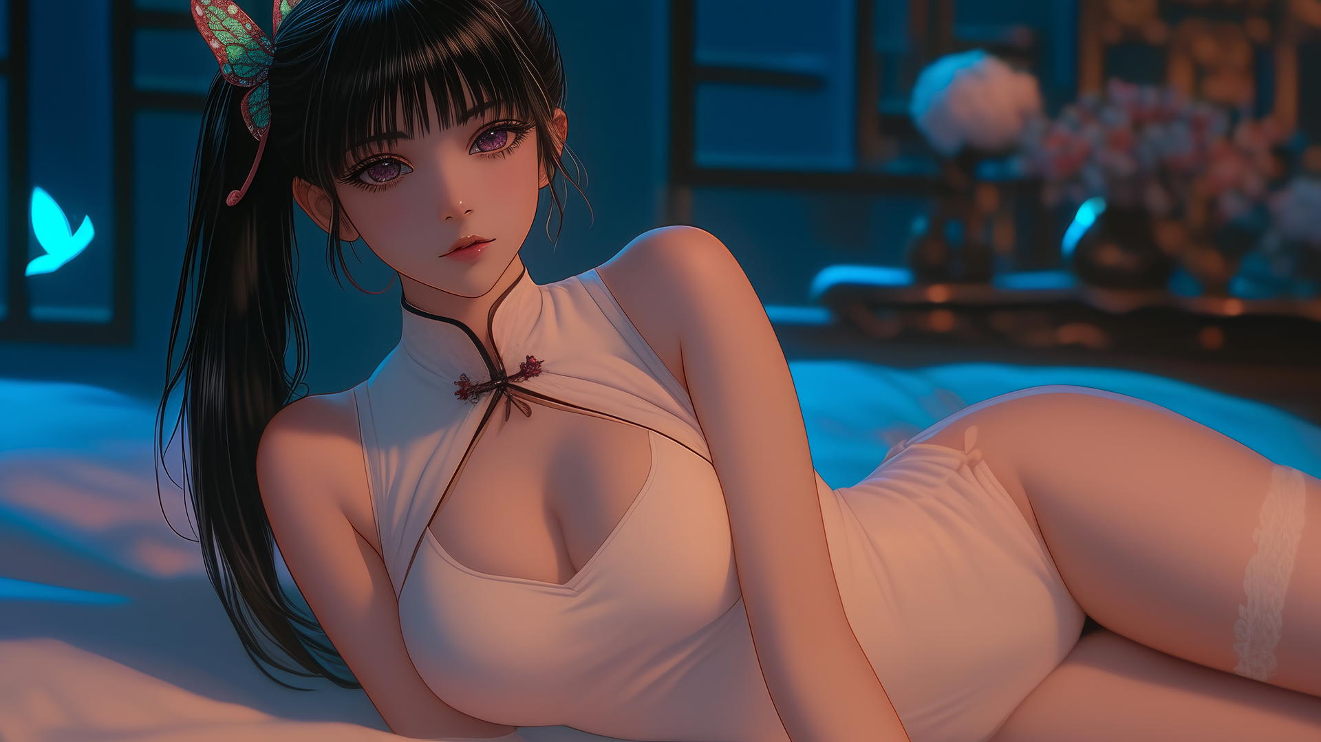 Kanao Tsuyuri from Demon Slayer at a modern hotel, softly illuminated by warm light.