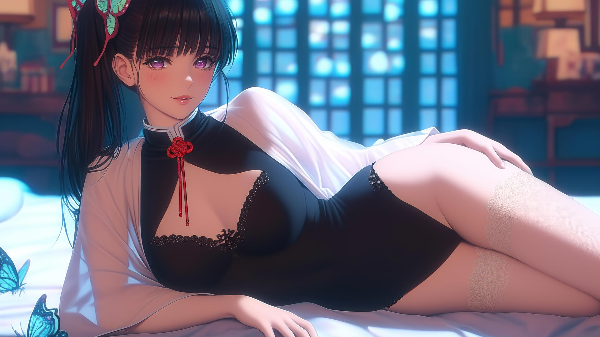 Kanao Tsuyuri from Demon Slayer in a modern hotel with warm light highlighting her figure and legs