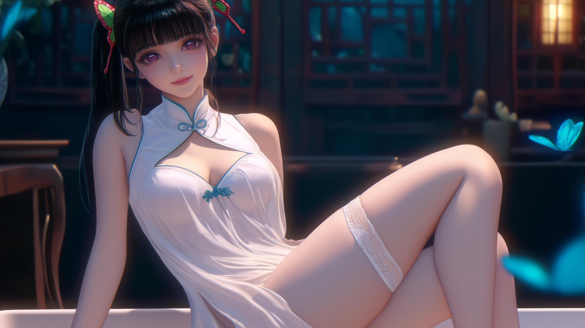 Kanao Tsuyuri from Demon Slayer in a tub with one leg pointing straight up, warm light highlighting her figure