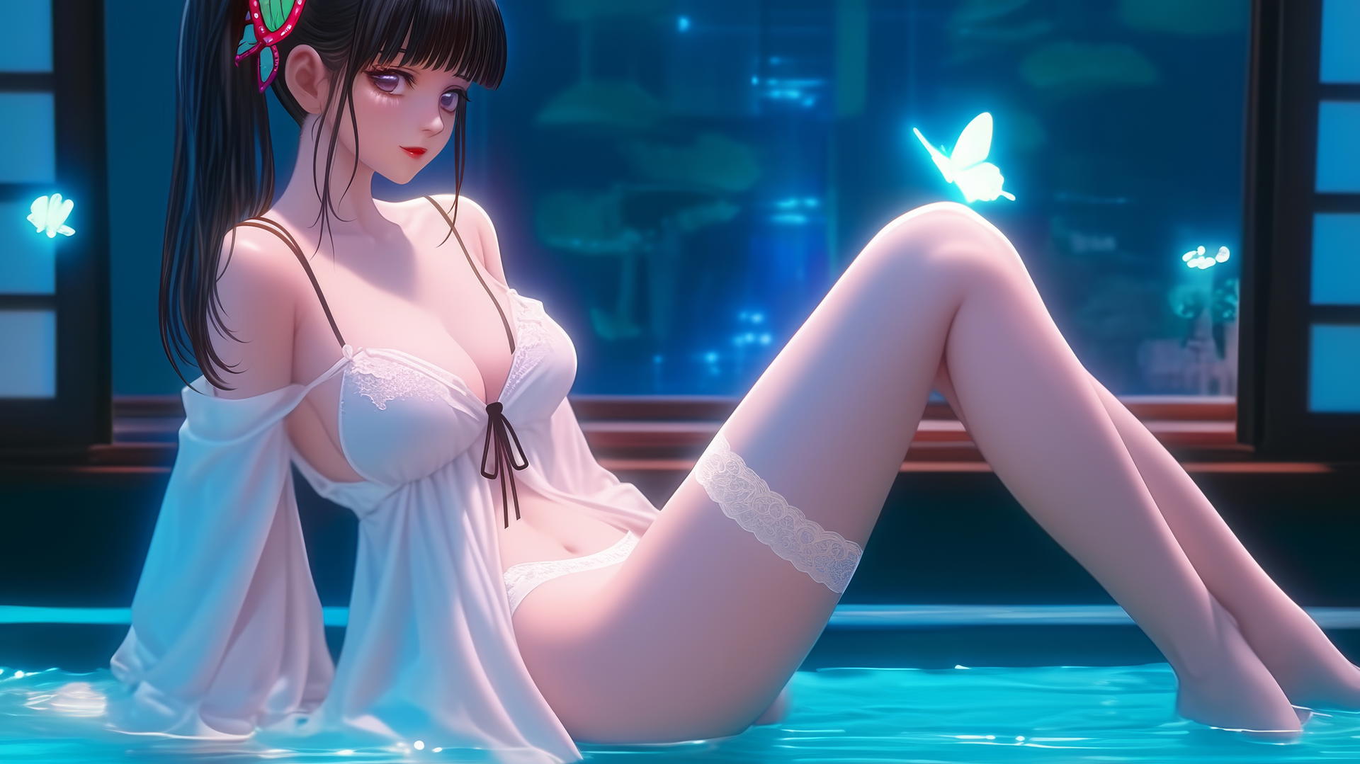 Kanao Tsuyuri from Demon Slayer lifting one leg up in a bathtub, warm light highlighting her figure.