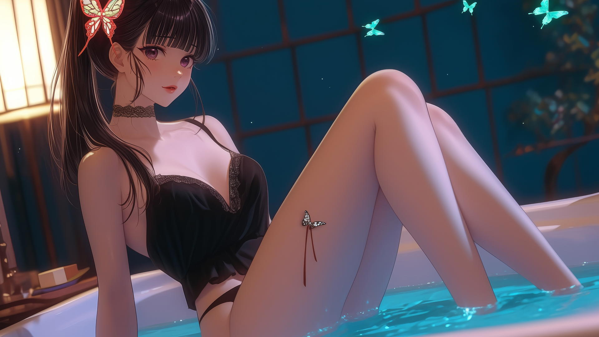 Kanao Tsuyuri from Demon Slayer in a tub, with one leg pointing up, warm light highlighting her figure, short black hair, tied with a pink and green butterfly, and dark lilac eyes