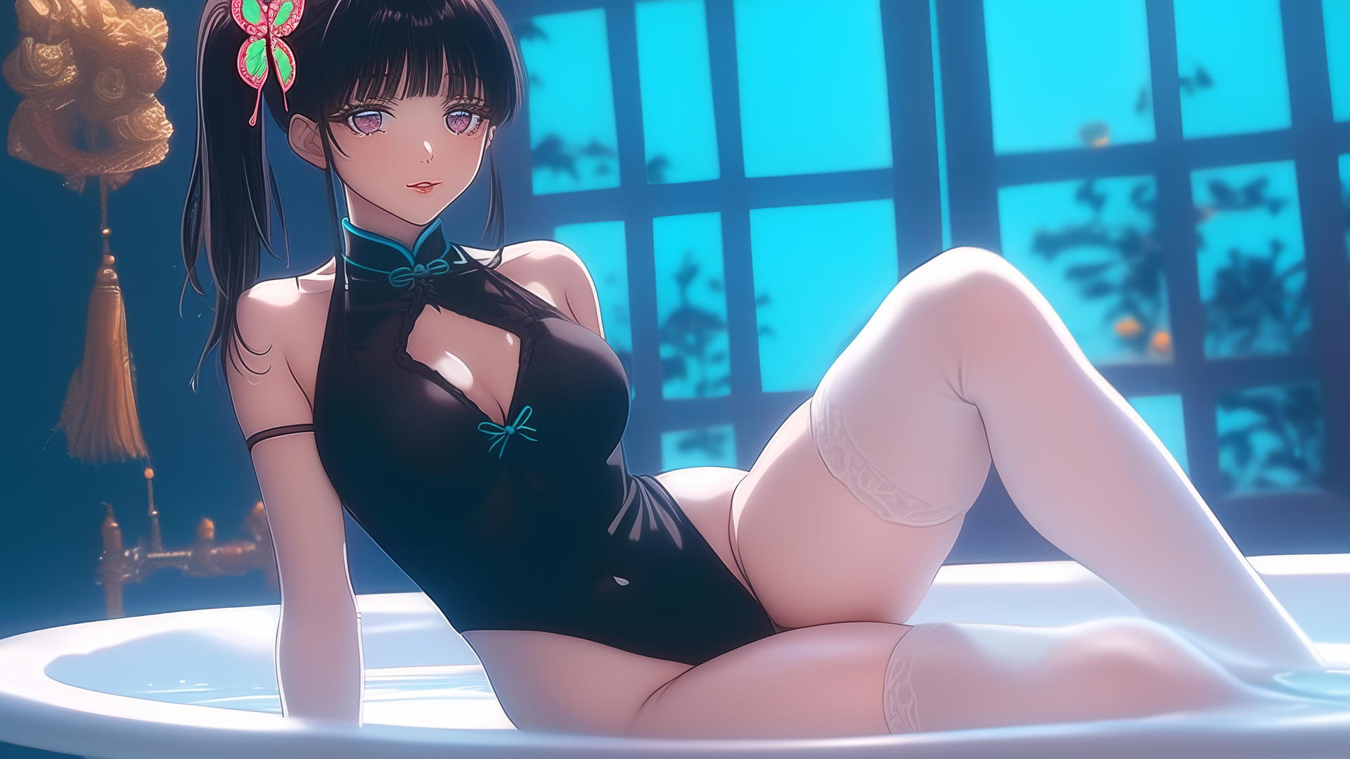 Kanao Tsuyuri from Demon Slayer in a modern apartment bathtub with warm light