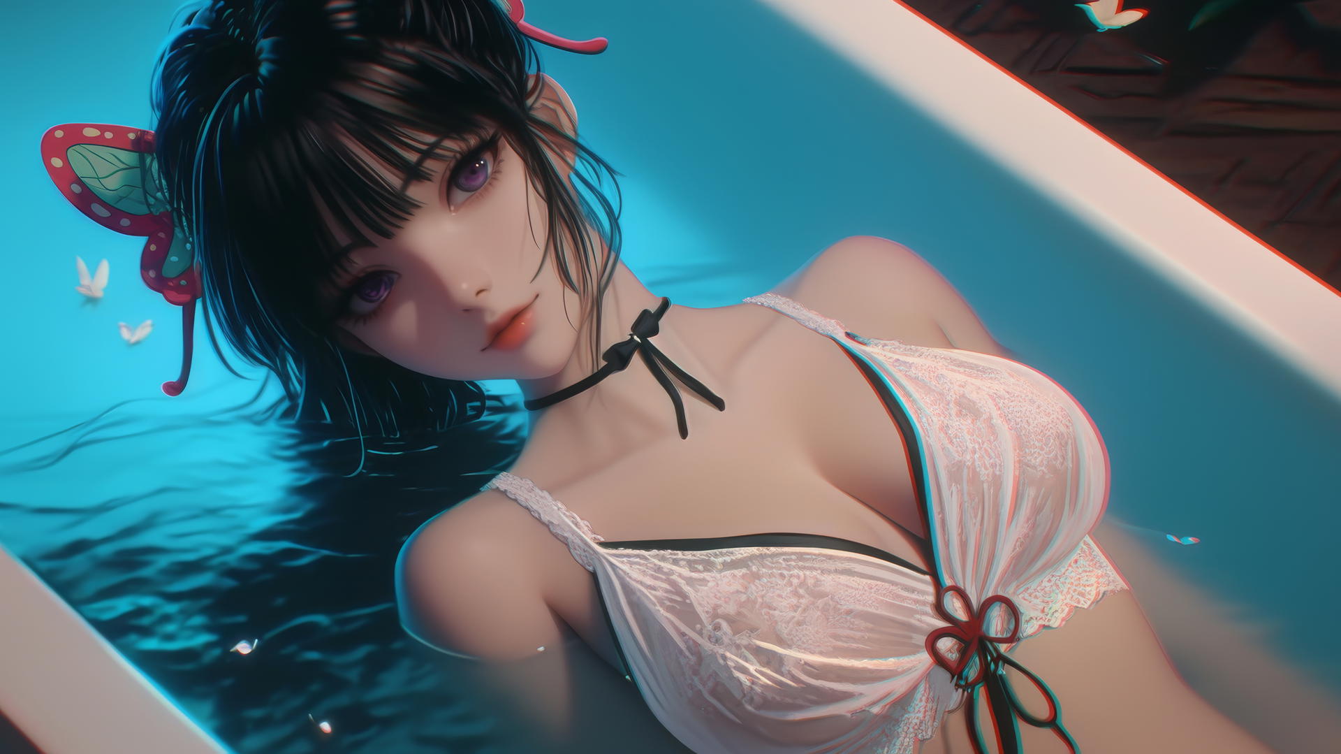 Kanao Tsuyuri from Demon Slayer resting in a tub with warm light highlighting her figure and legs