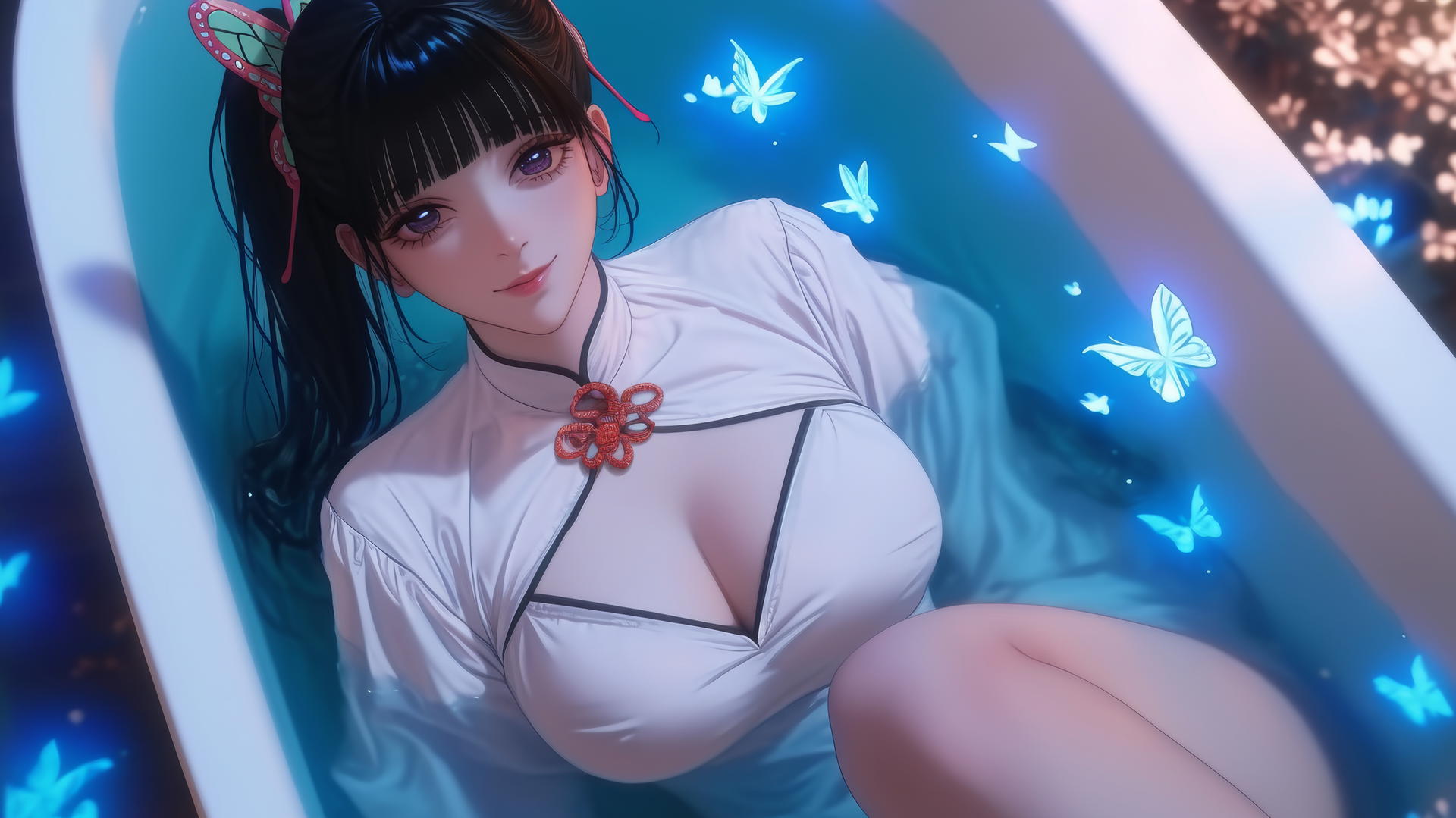Kanao Tsuyuri from Demon Slayer resting in a modern apartment tub with warm light