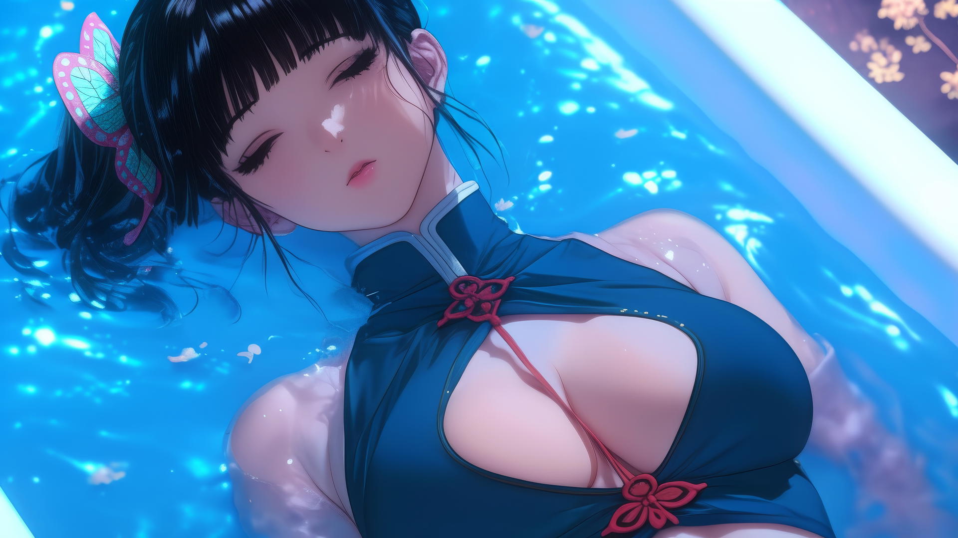Kanao Tsuyuri resting in a bathtub in a modern apartment, warm light highlighting her.
