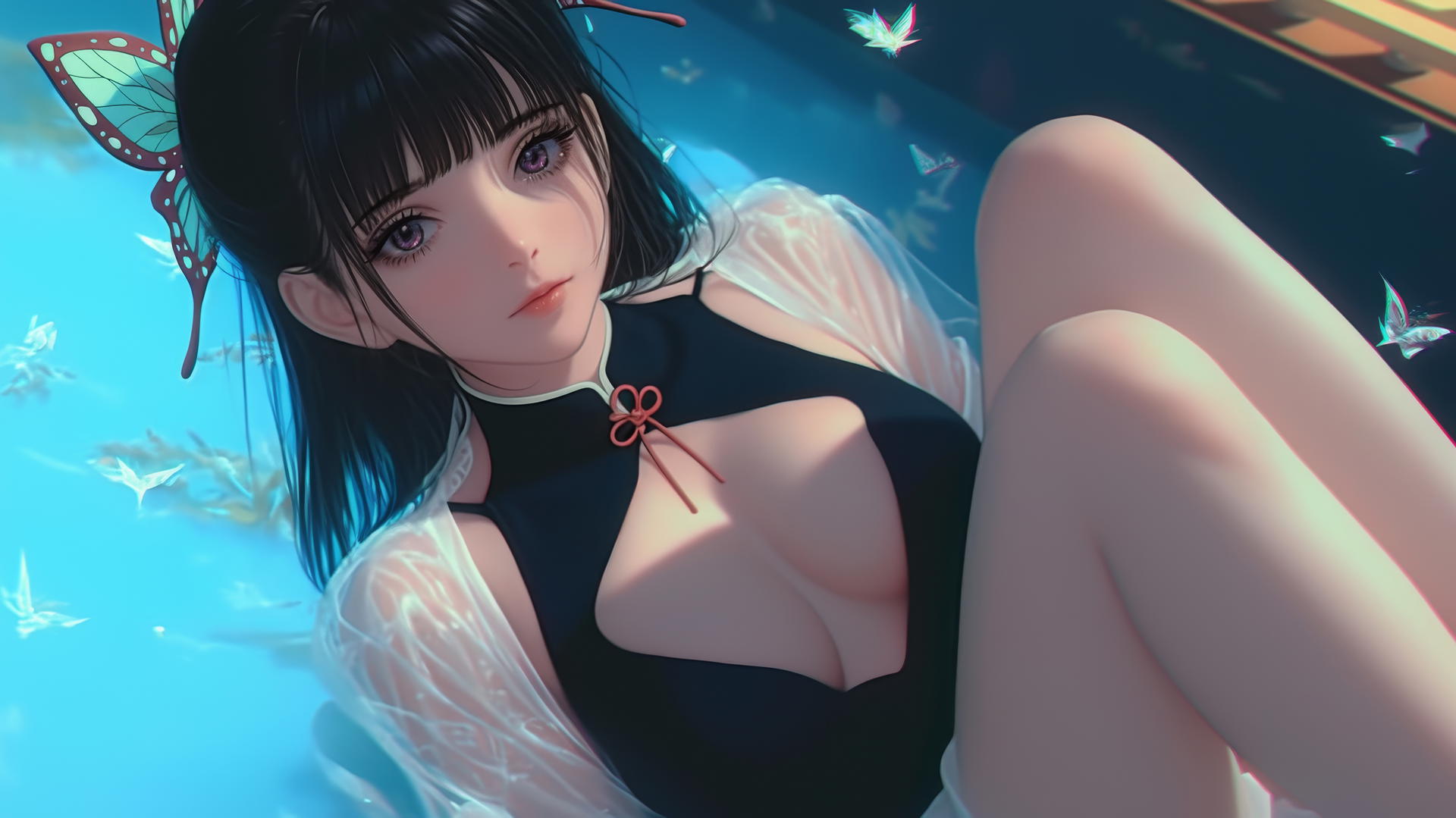Kanao Tsuyuri from Demon Slayer resting in a tub with warm lighting highlighting her figure.