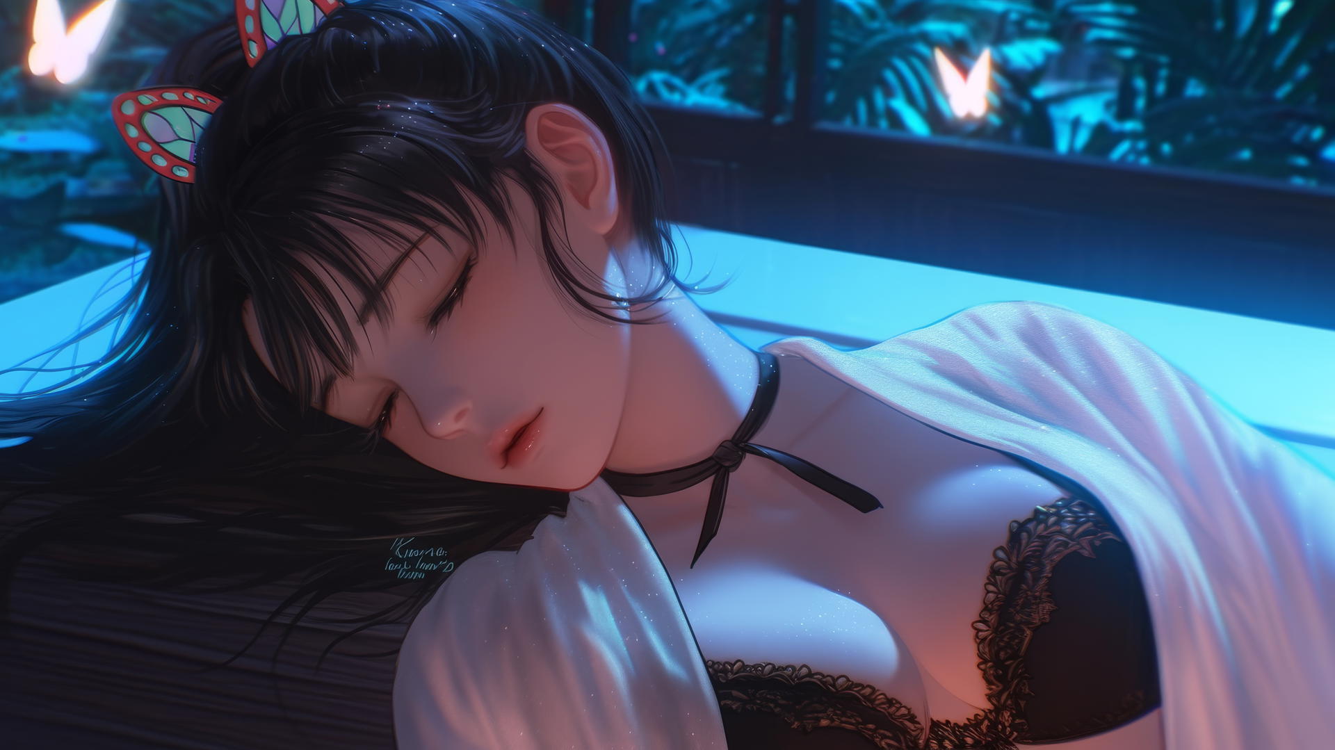Kanao Tsuyuri resting in a tub of a modern apartment, highlighted by warm light.