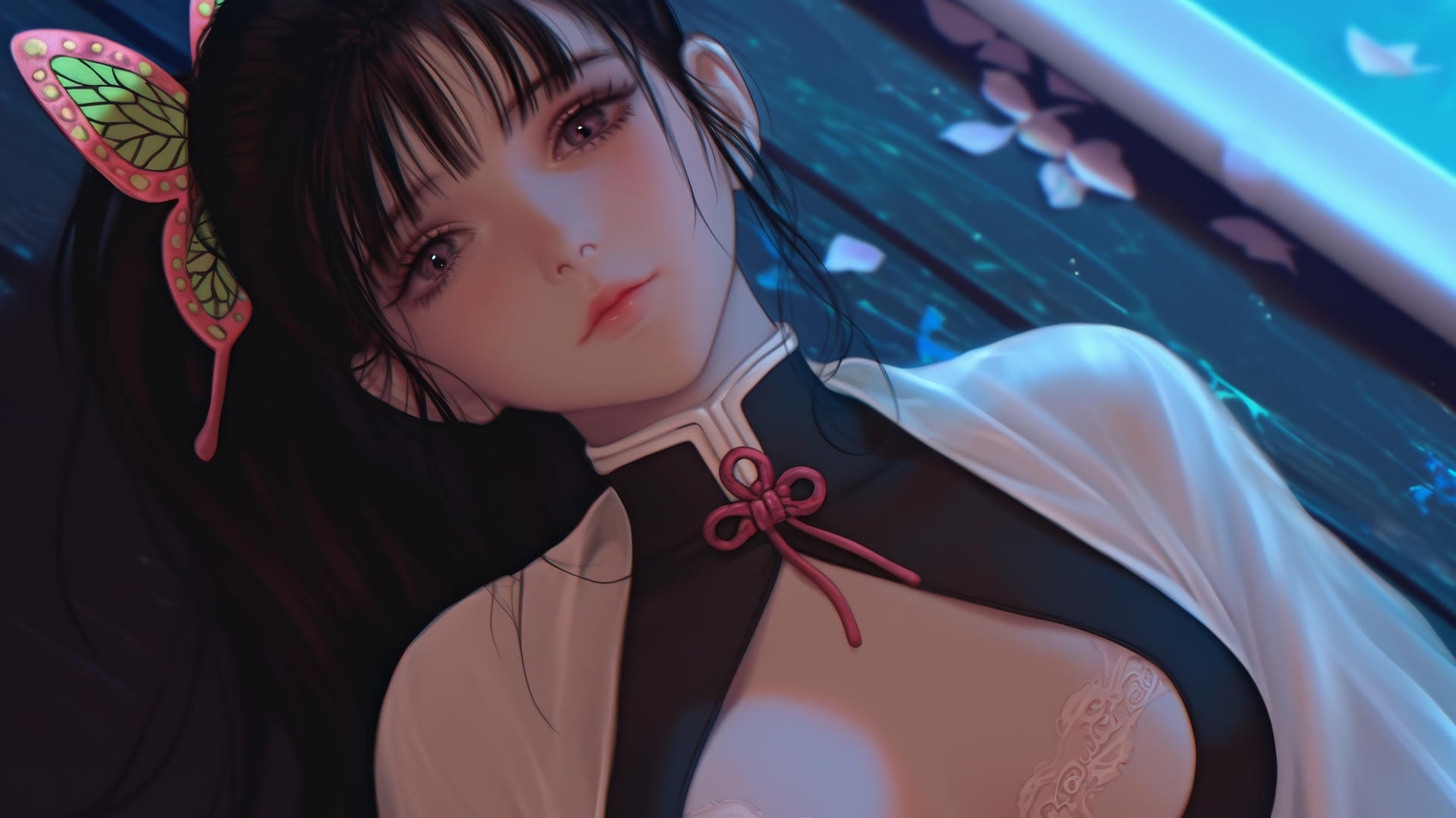 Kanao Tsuyuri from Demon Slayer resting in a modern apartment tub, warm light glow.