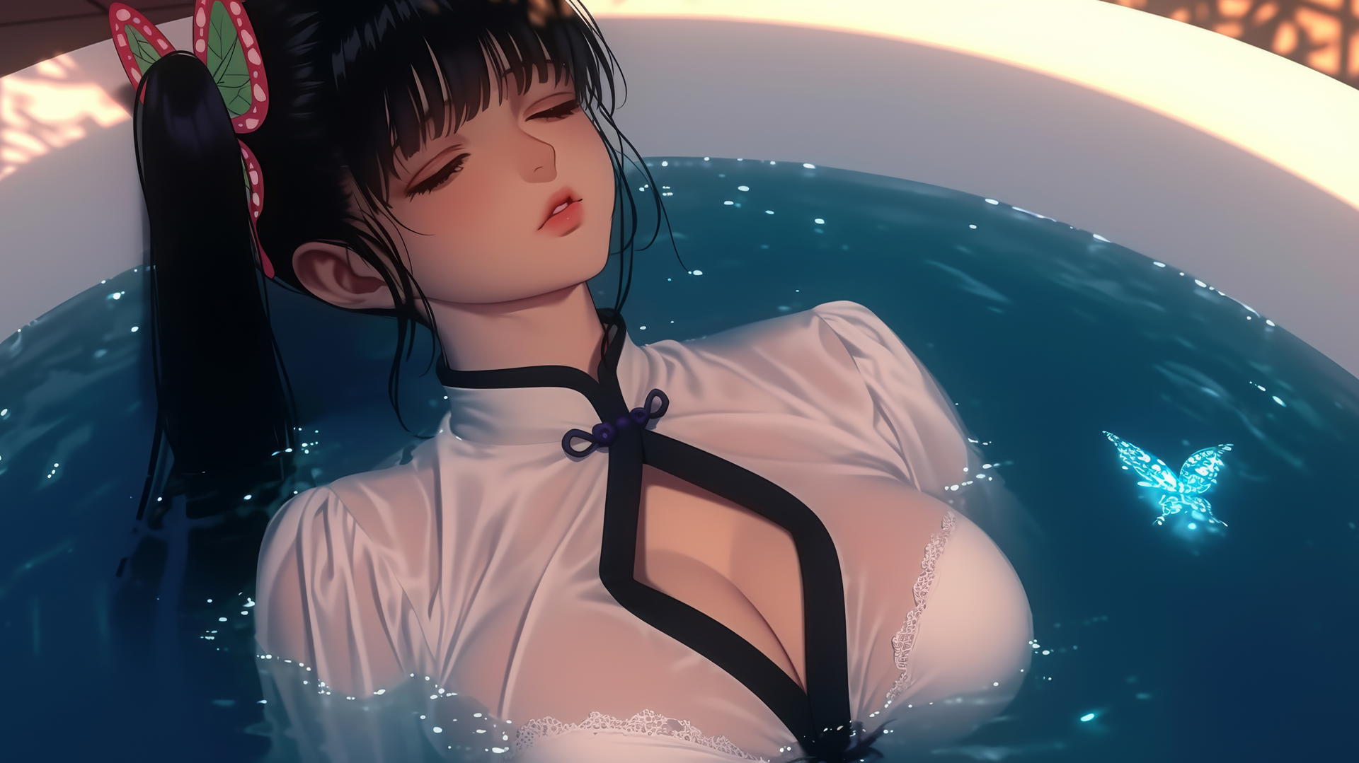 Kanao Tsuyuri resting in a bathtub with warm lighting