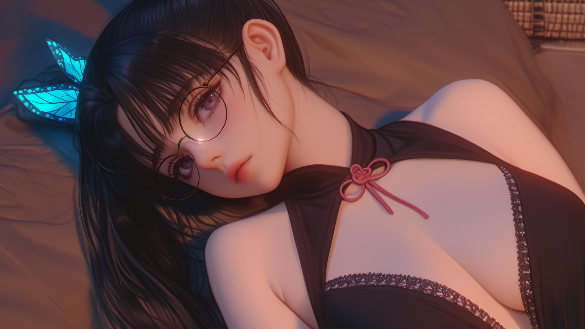 Kanao Tsuyuri rests in a modern apartment tub, soft warm light highlighting her figure.