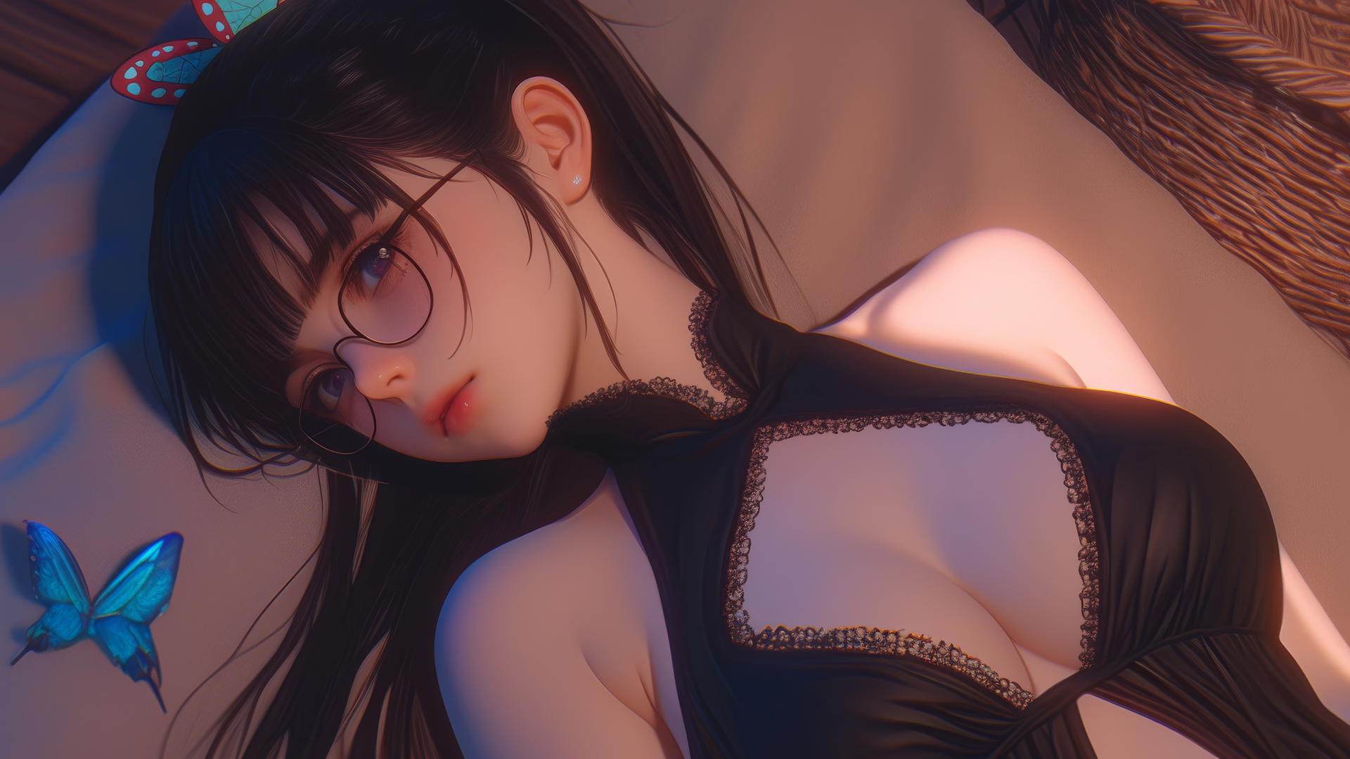 Kanao Tsuyuri from Demon Slayer resting in a tub with warm light highlighting her thighs.