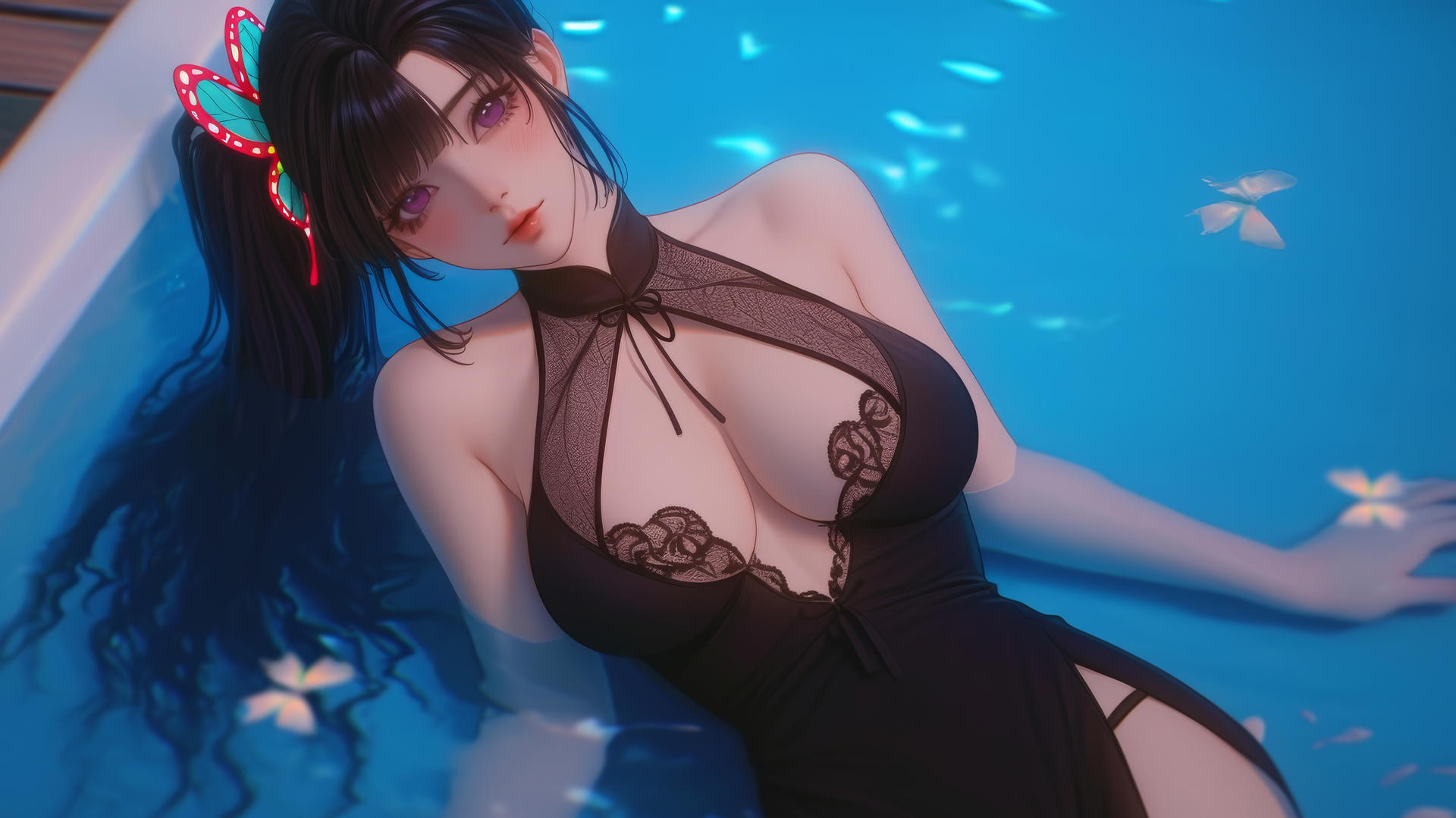 Kanao Tsuyuri from Demon Slayer seen from above, resting in a tub with warm light highlighting her figure