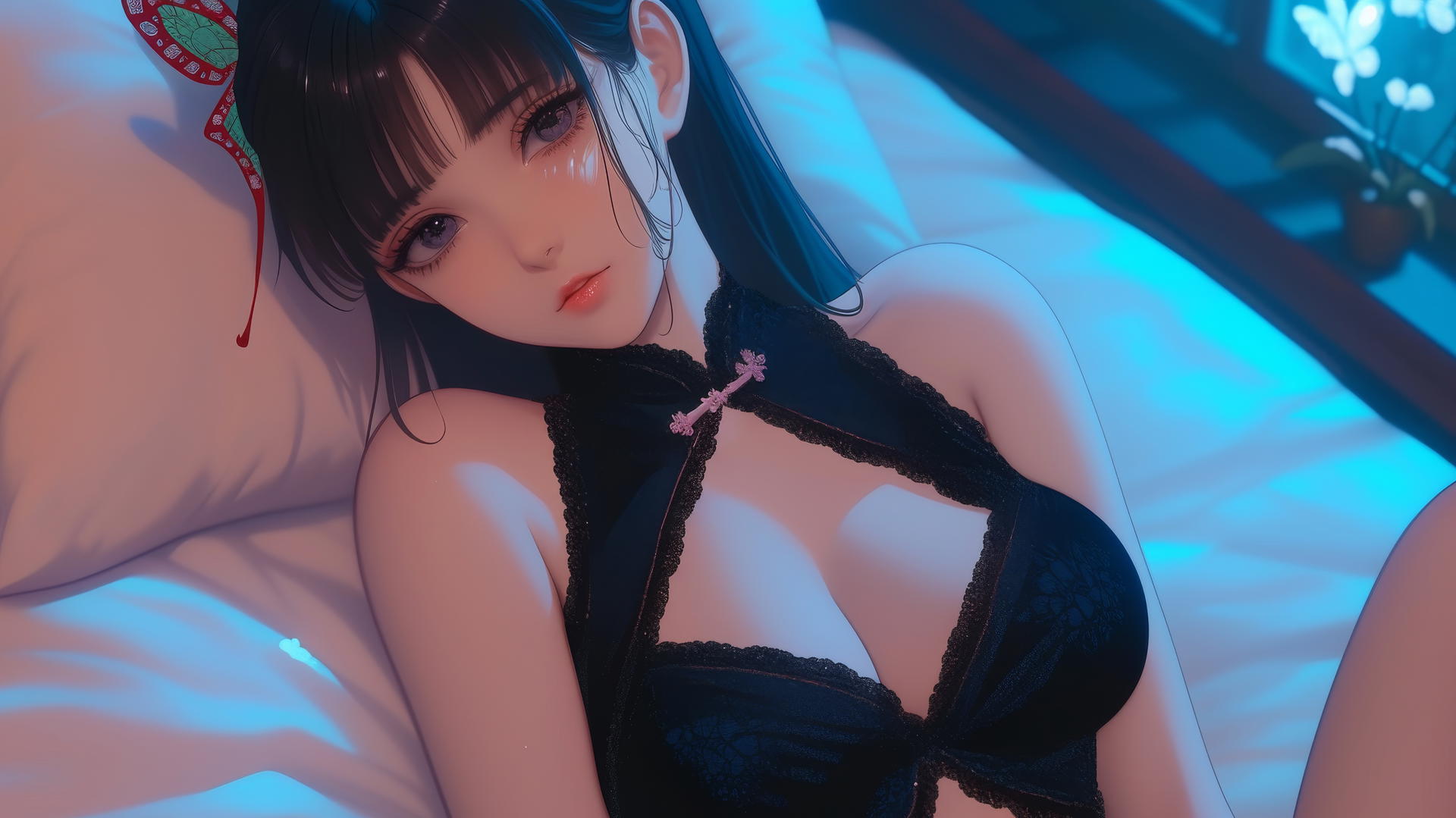 Kanao Tsuyuri from Demon Slayer resting in a modern apartment under warm lighting.