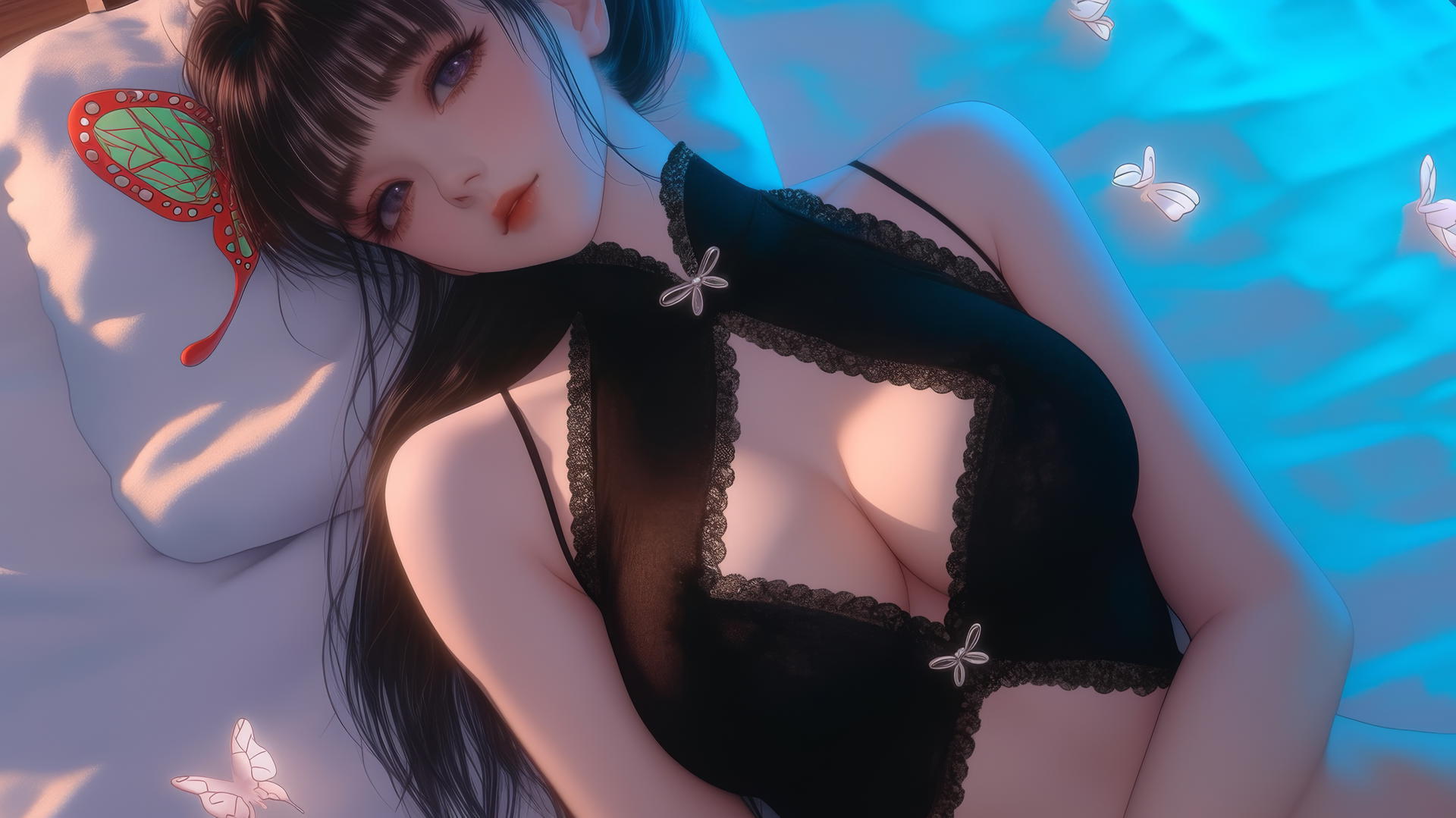 Kanao Tsuyuri resting in modern apartment, warm light highlighting her figure and legs