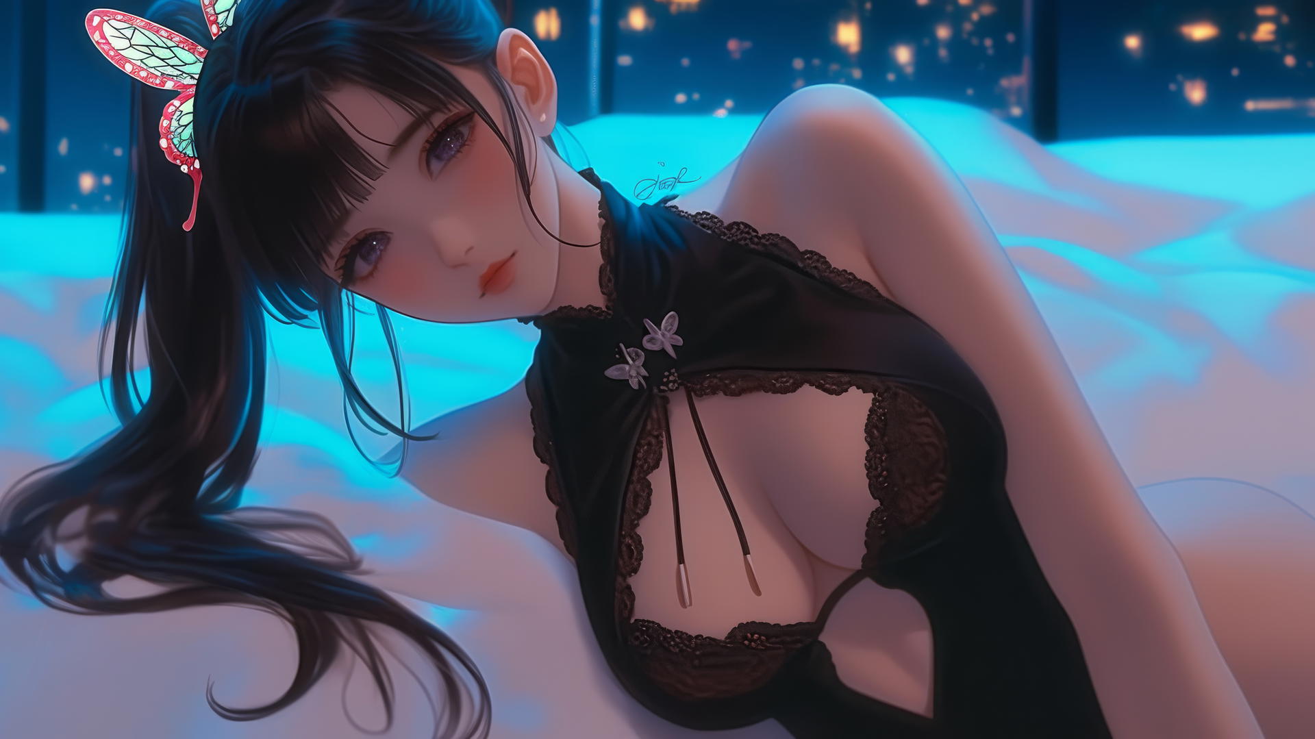 Kanao Tsuyuri kneeling, viewed from below with warm light highlighting her figure
