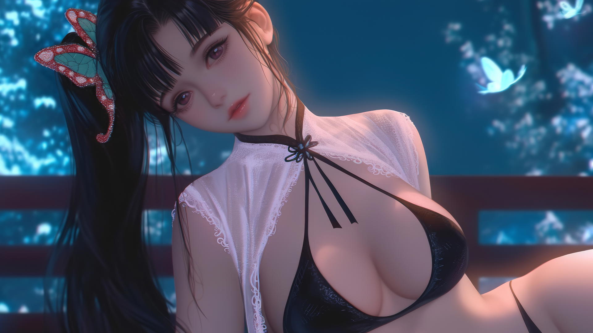 Kanao Tsuyuri kneeling with warm light highlighting her legs, butterfly ornament in hair.