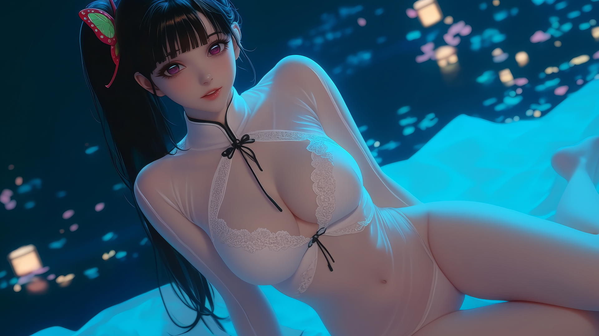Kanao Tsuyuri kneeling with warm light highlighting her figure and legs