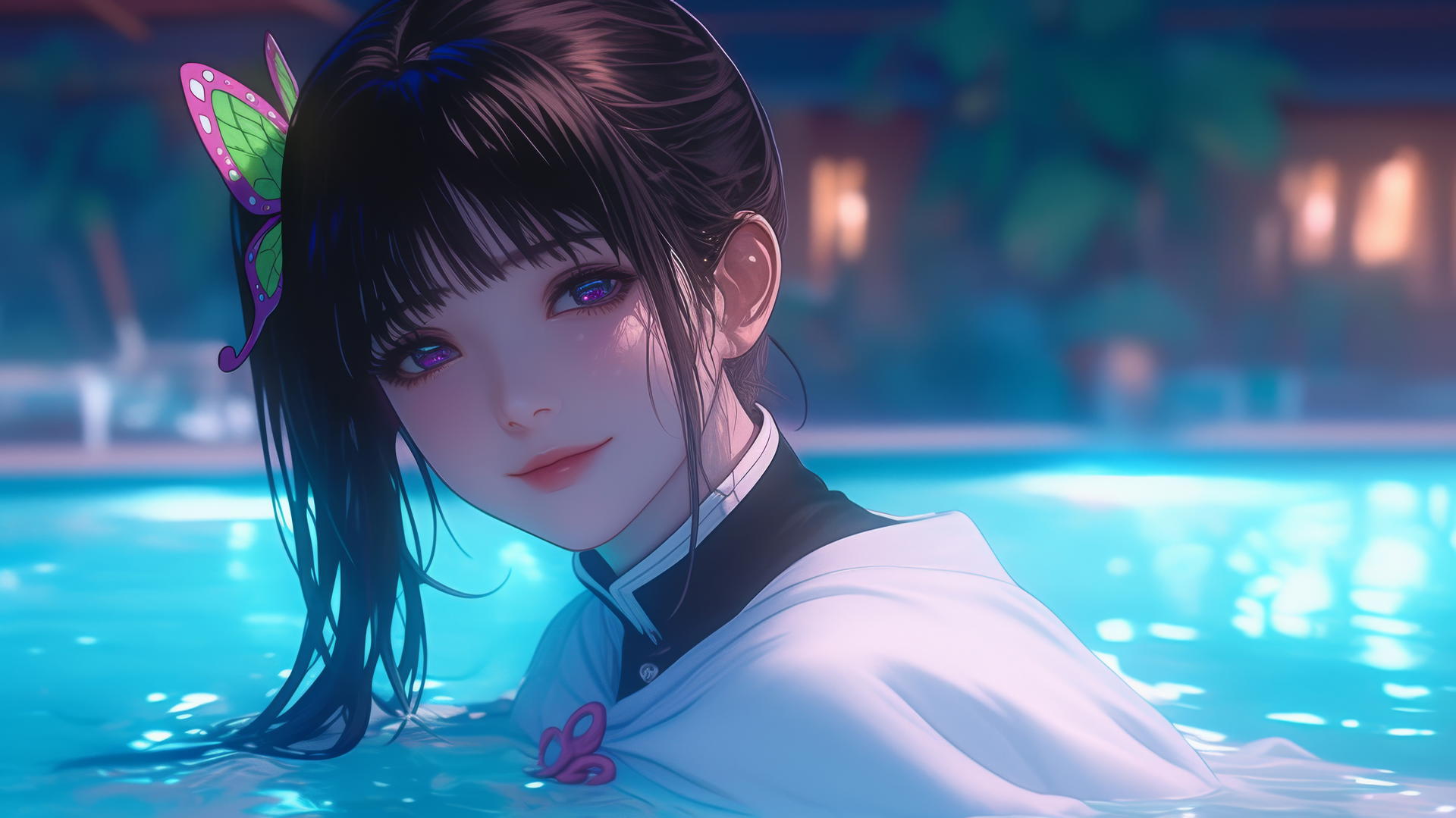 Kanao Tsuyuri from Demon Slayer resting at a moonlit swimming pool.