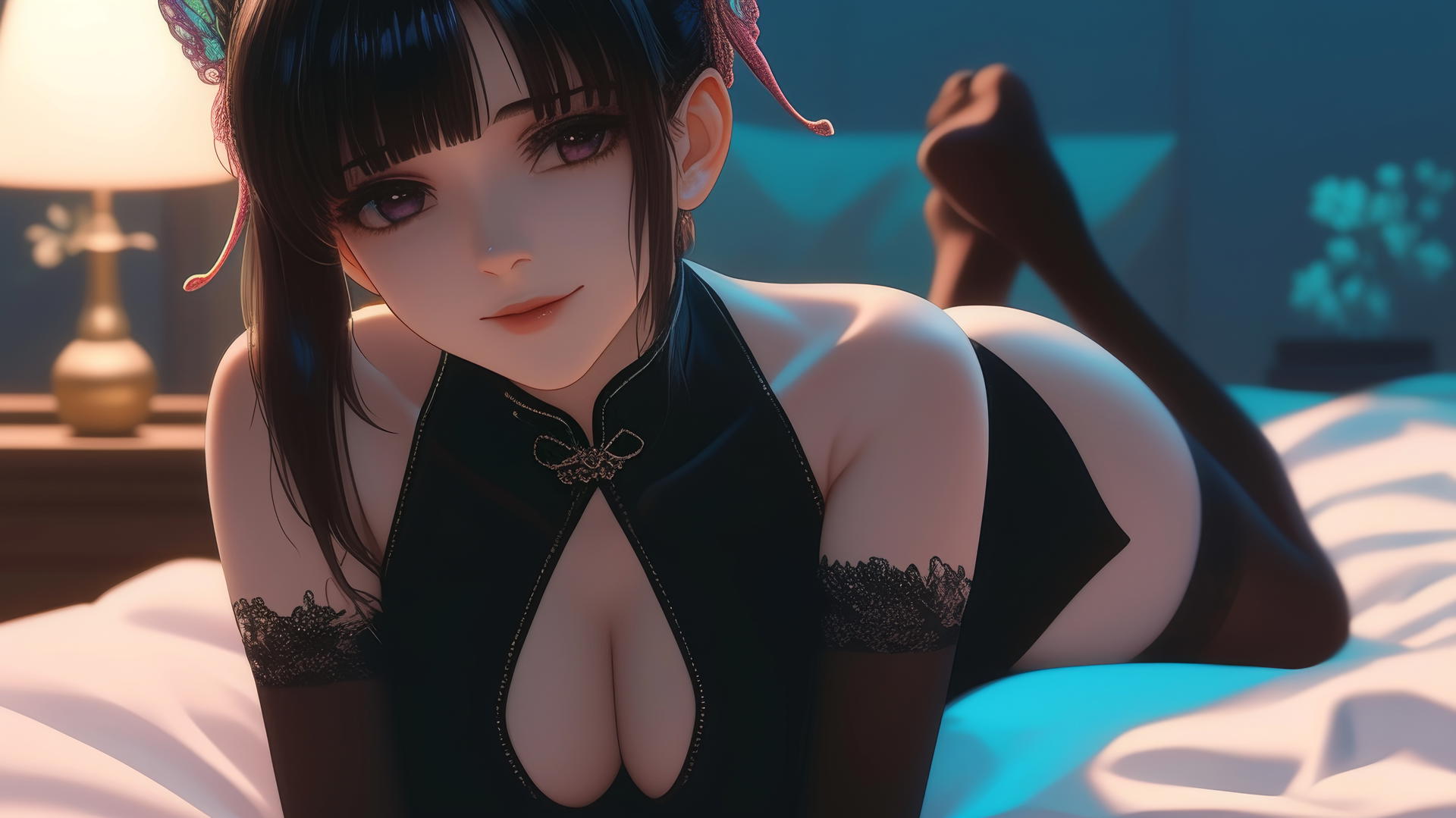 Kanao Tsuyuri from Demon Slayer resting in modern hotel room with warm light