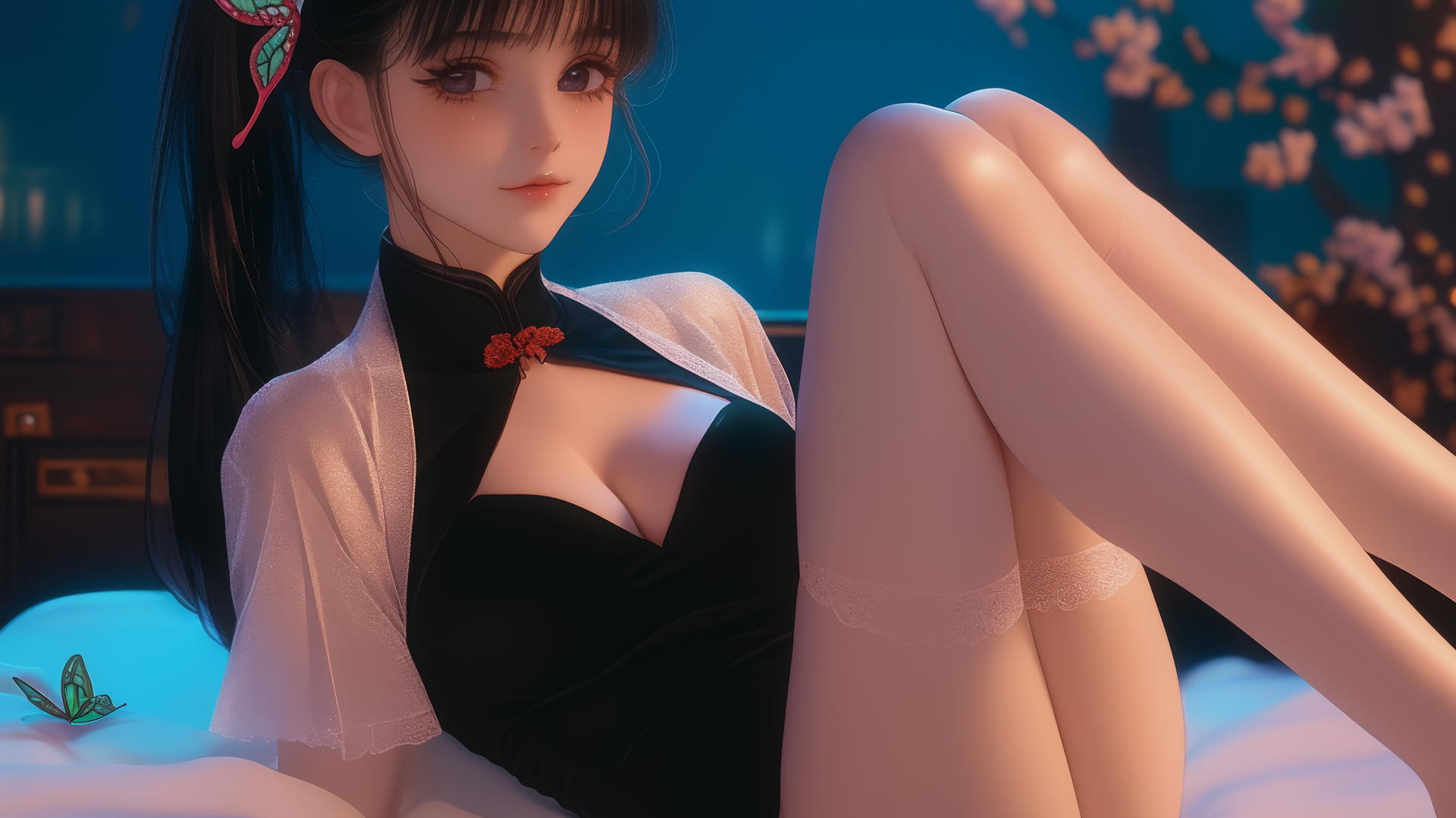 Kanao Tsuyuri from Demon Slayer resting in modern hotel room with warm lighting
