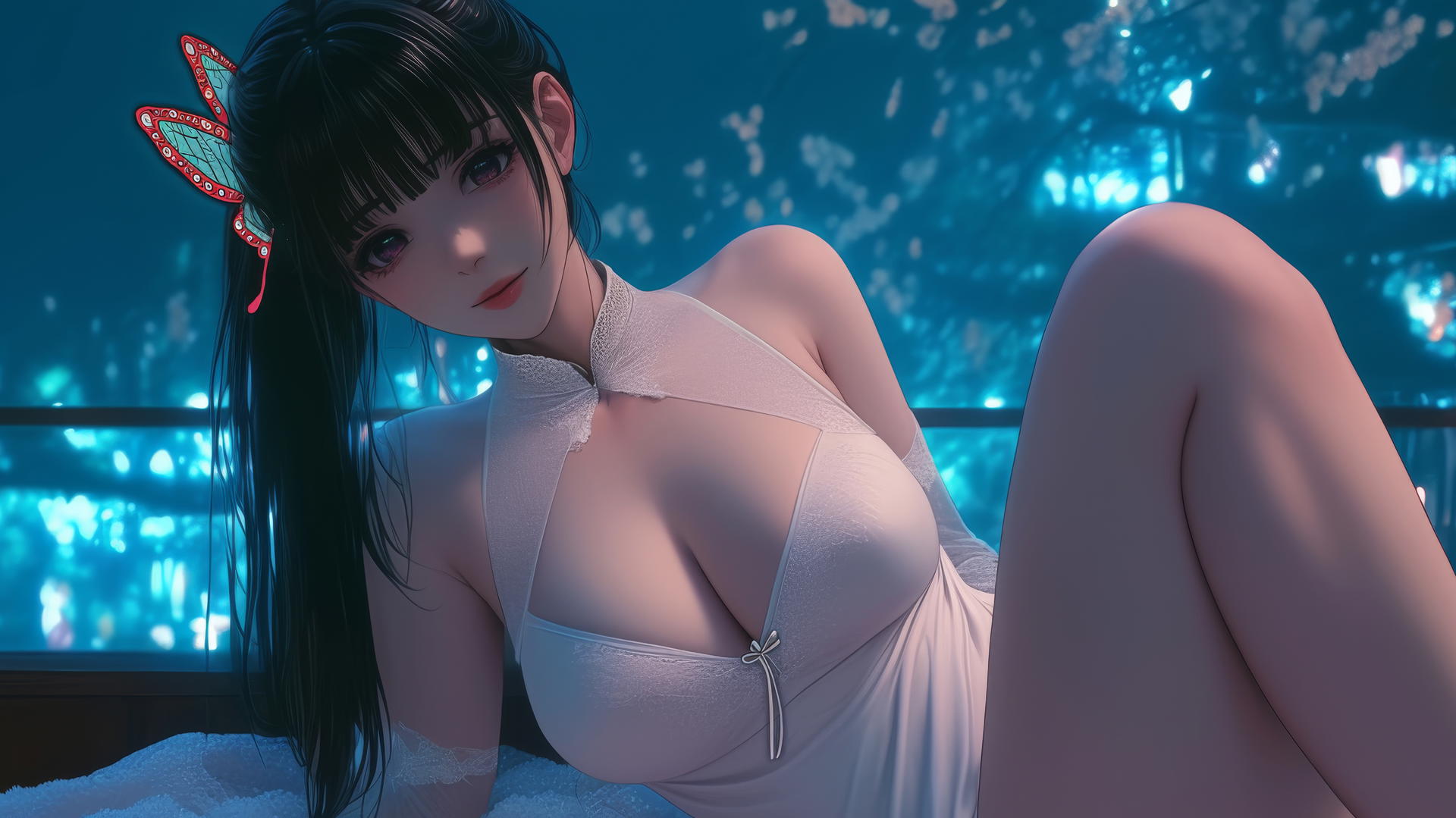 Kanao Tsuyuri from Demon Slayer, seen from below, with a warm light casting a soft glow on her figure.