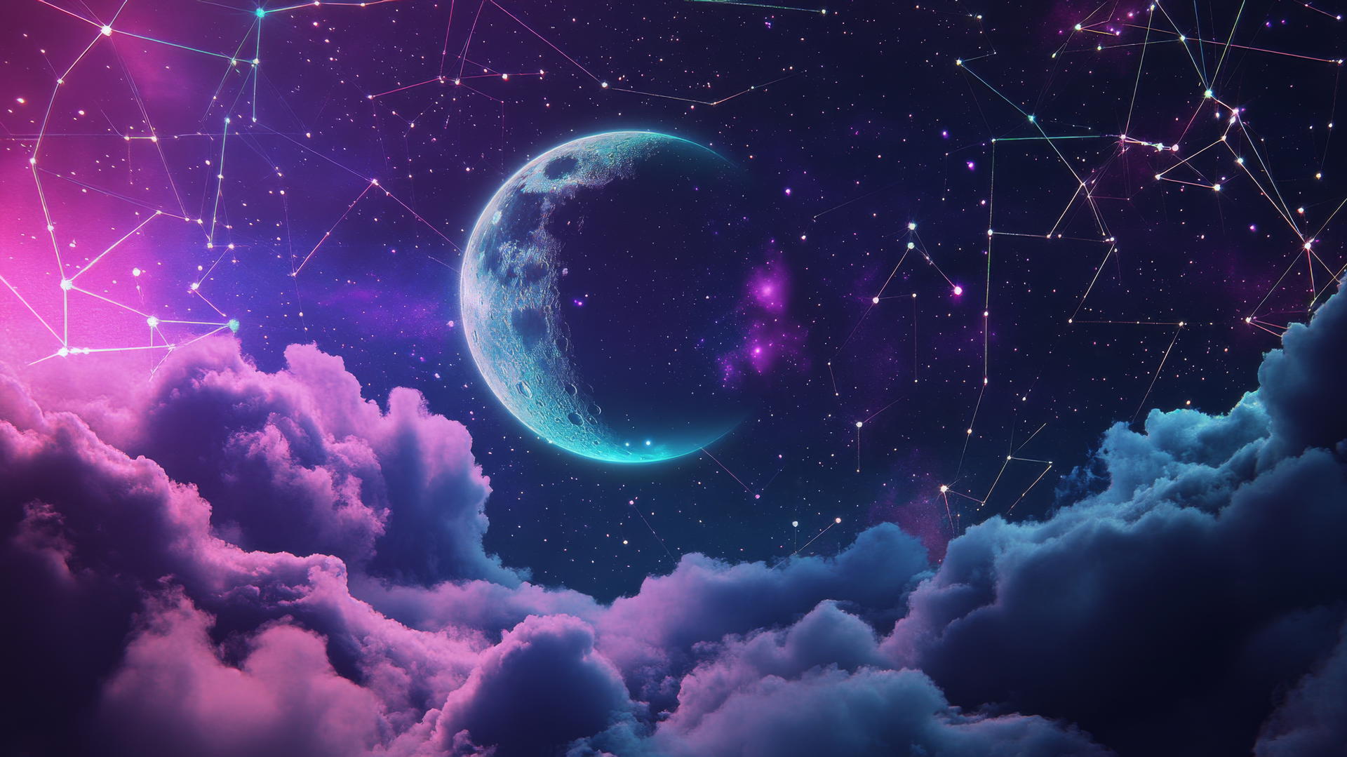 y2k star wallpaper with neon star constellations, pixelated clouds, holographic moon