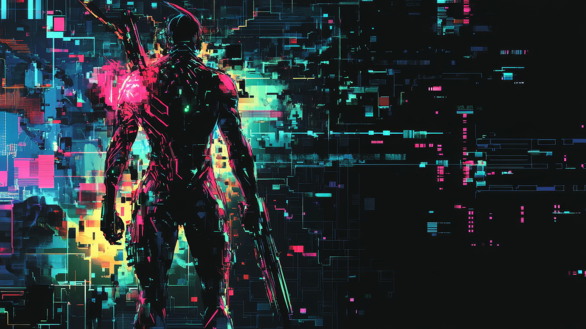 Cyber Y2K wallpaper black featuring digital warrior in neon armor, pixelated circuits