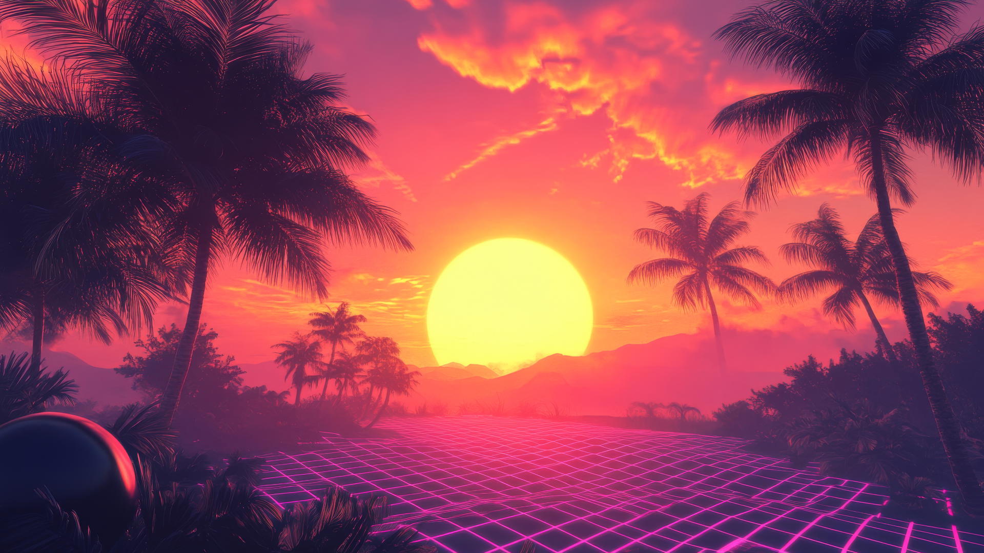 wallpaper y2k with digital sunset, neon pink and orange hues, retro palm trees, and holographic grid.