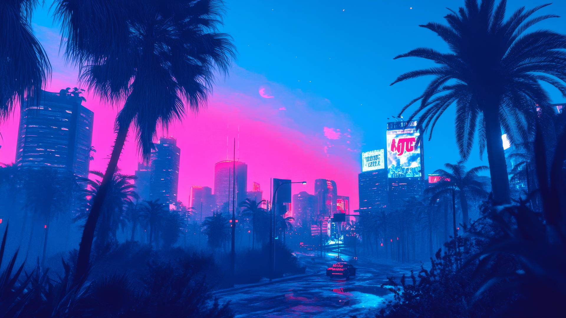 blue aesthetic wallpaper with vaporwave cityscape, palm trees, and neon signs
