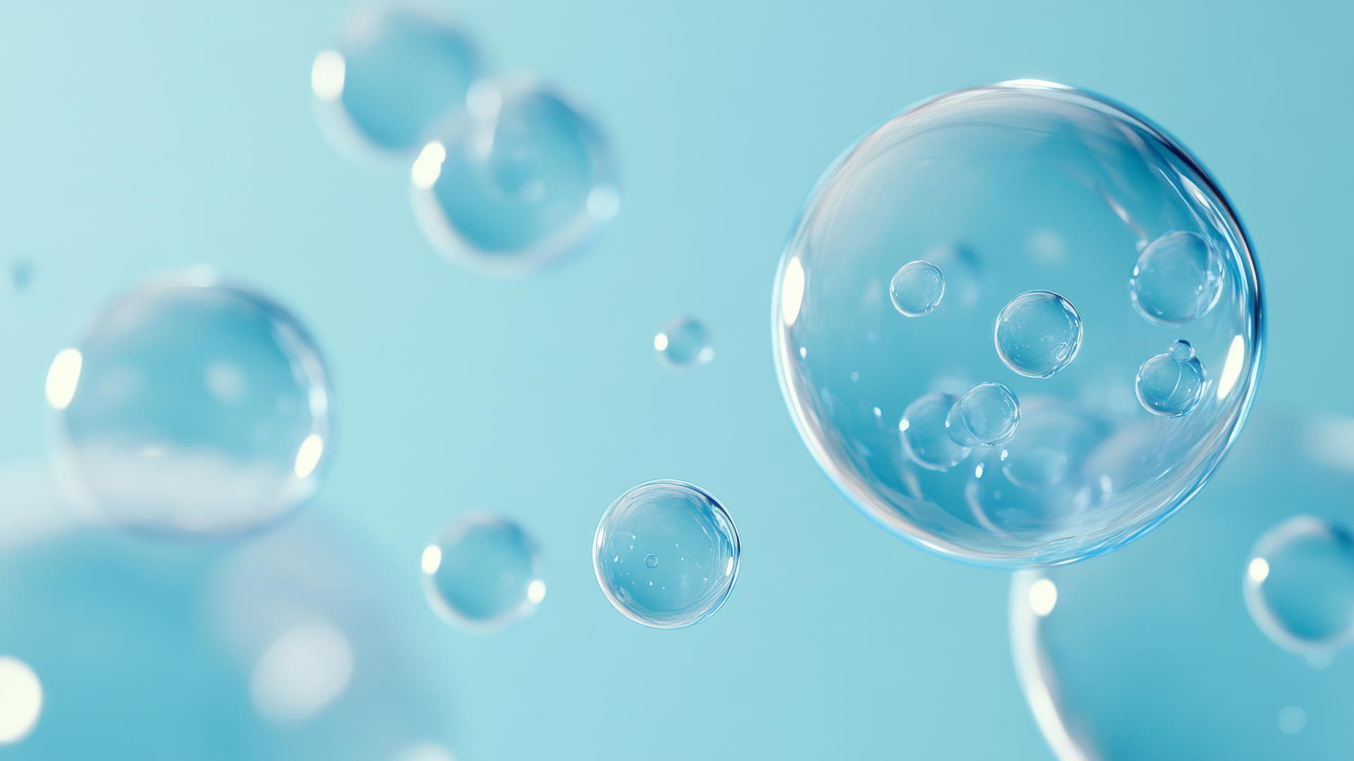 baby blue wallpaper with floating soap bubbles against a light blue background
