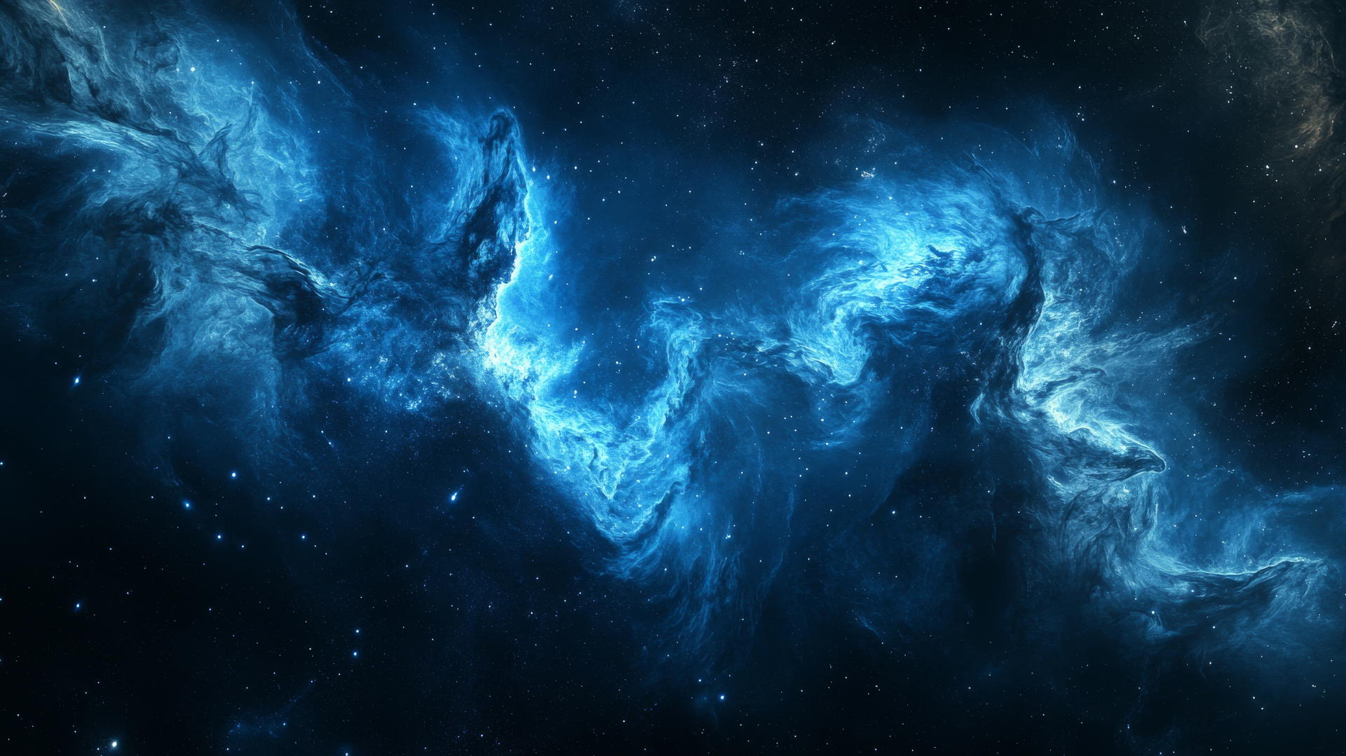aesthetic blue wallpaper with swirls of blue nebulae and cosmic dust against a dark space background with stars