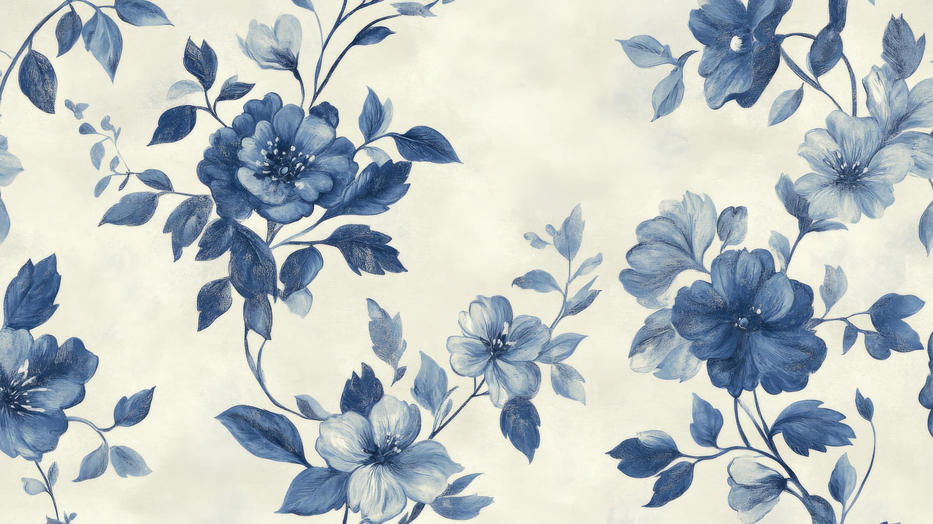 Vintage blue floral wallpaper with intricate flowers and leaves on a cream background.