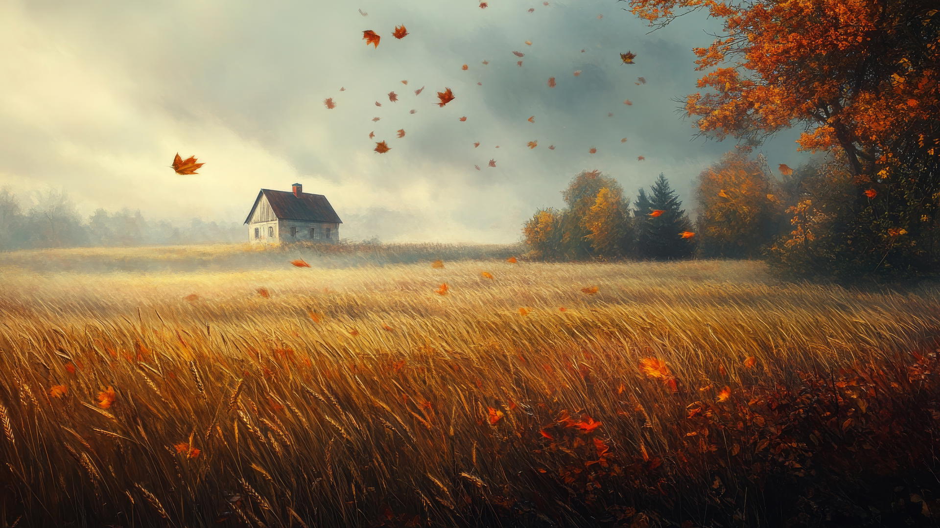 aesthetic thanksgiving wallpaper of a misty autumn morning with a farmhouse and fields
