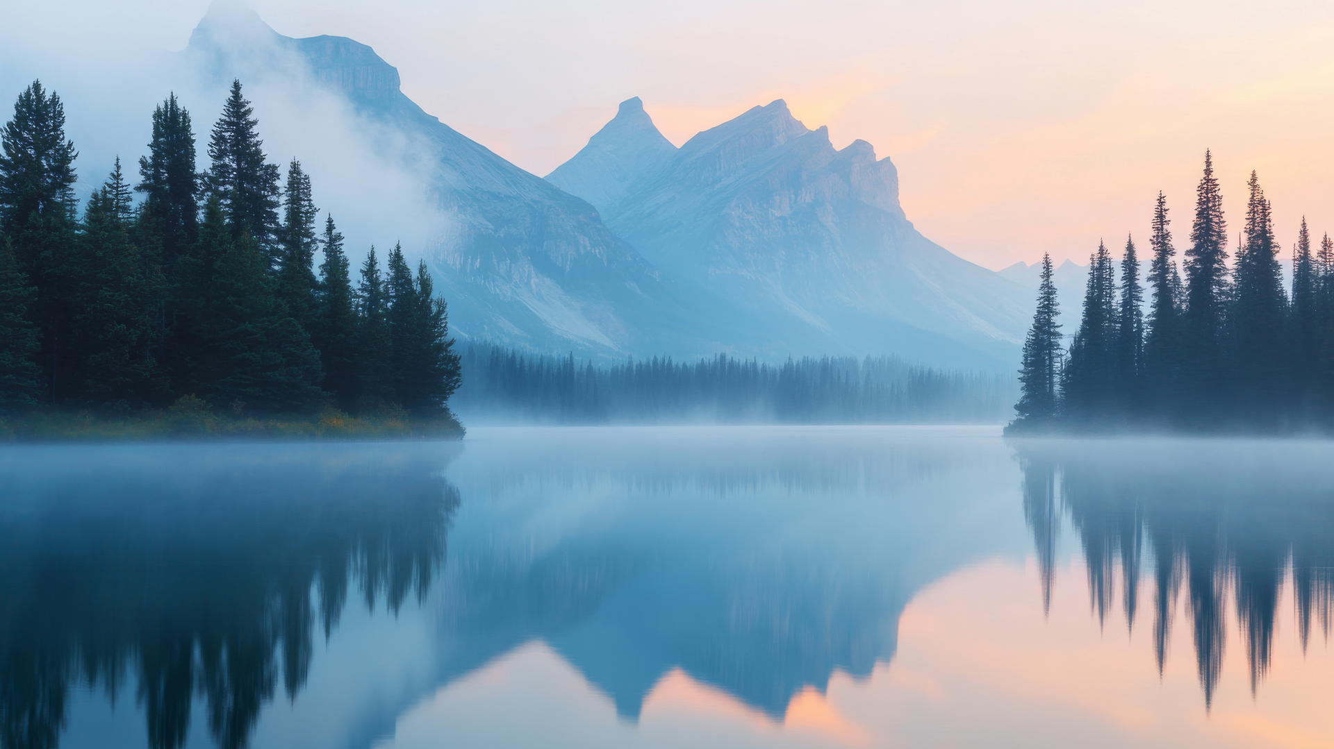 A tranquil mountain lake at dawn with calm waters reflecting pine trees and peaks, summer wallpaper