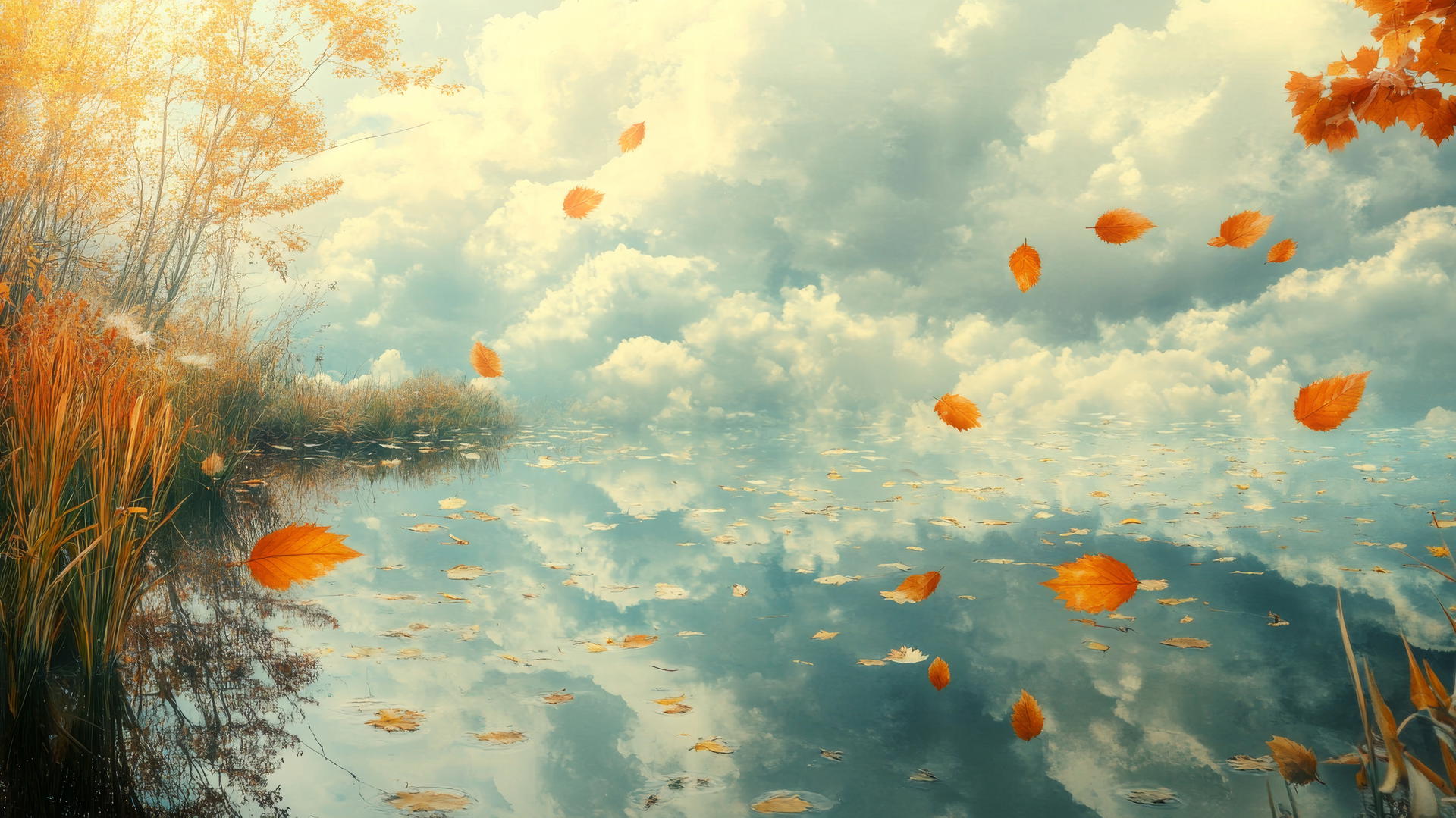 Ethereal landscape with golden leaves, mirror-like pond, pastel sky - aesthetic thanksgiving wallpaper