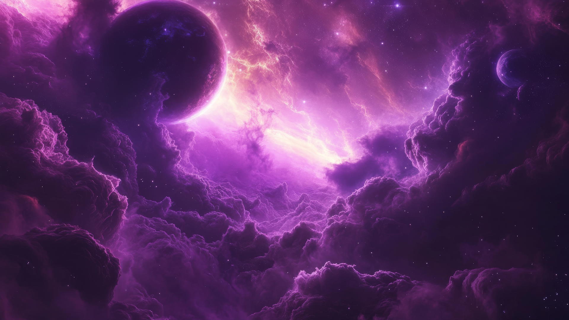 purple wallpaper aesthetic with galaxy, swirling nebulae, stars, and planets