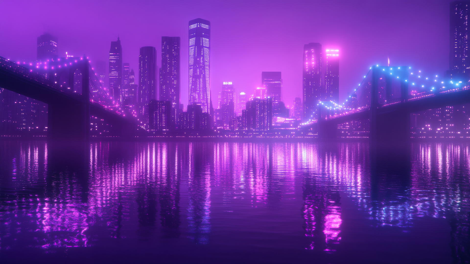 neon purple aesthetic wallpaper featuring a city skyline reflected in a calm river, with shimmering lights and glowing bridges