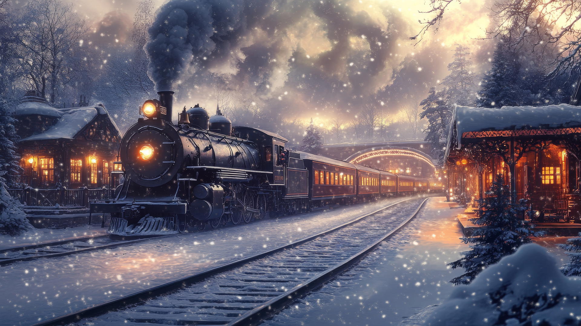 winter background wallpaper of a quiet, snow-covered train station at dusk with a vintage steam train