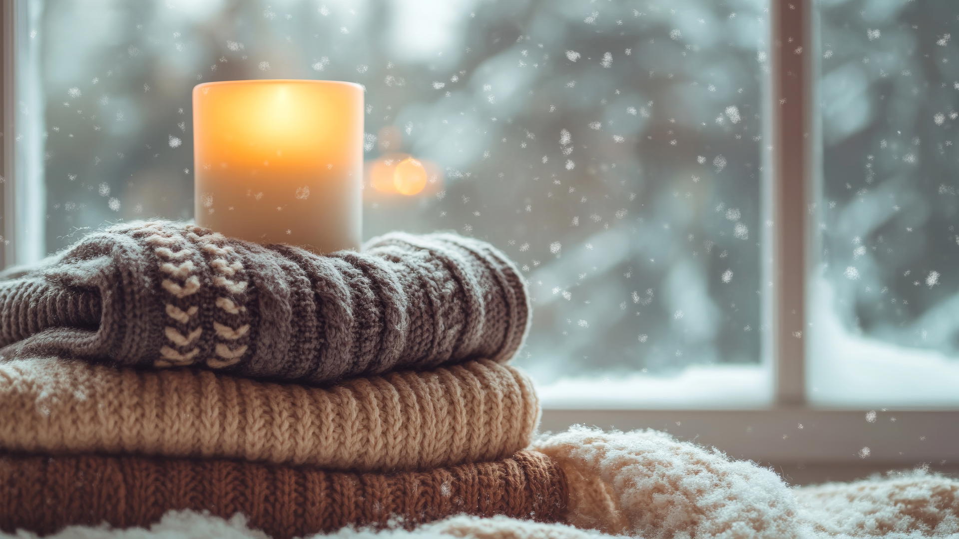 Cozy winter iPhone wallpaper with thick sweaters, snow-covered window, and candle