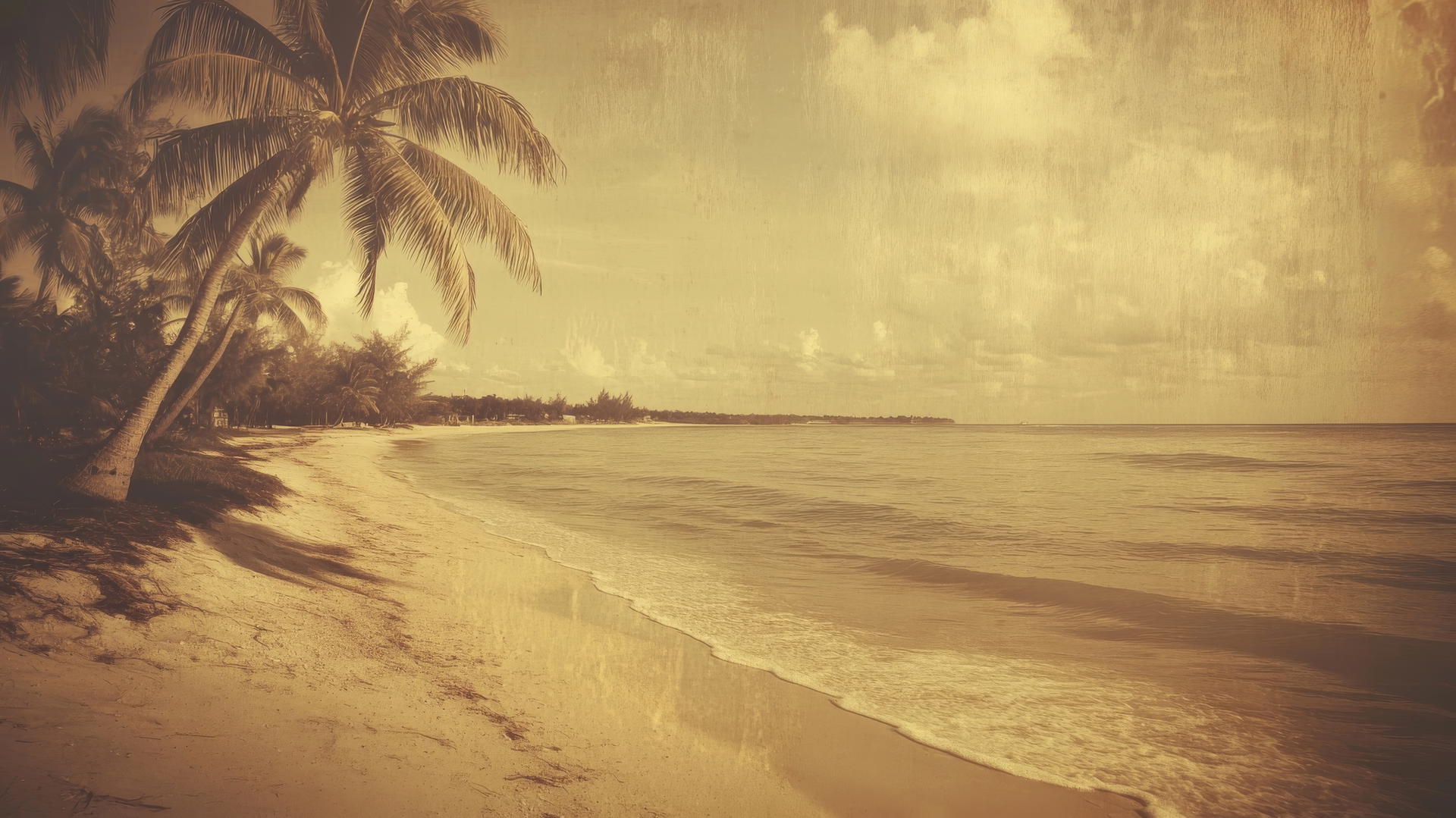 Aesthetic beach wallpaper with vintage sepia tones, distant palm trees, and soft focus.