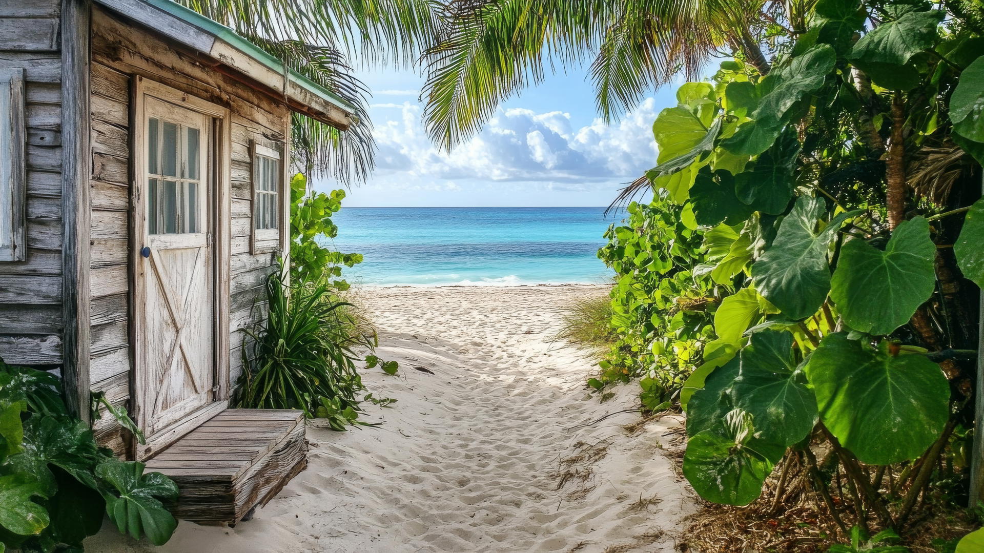 rustic beach house with tropical plants and soft sand, beach house wallpaper