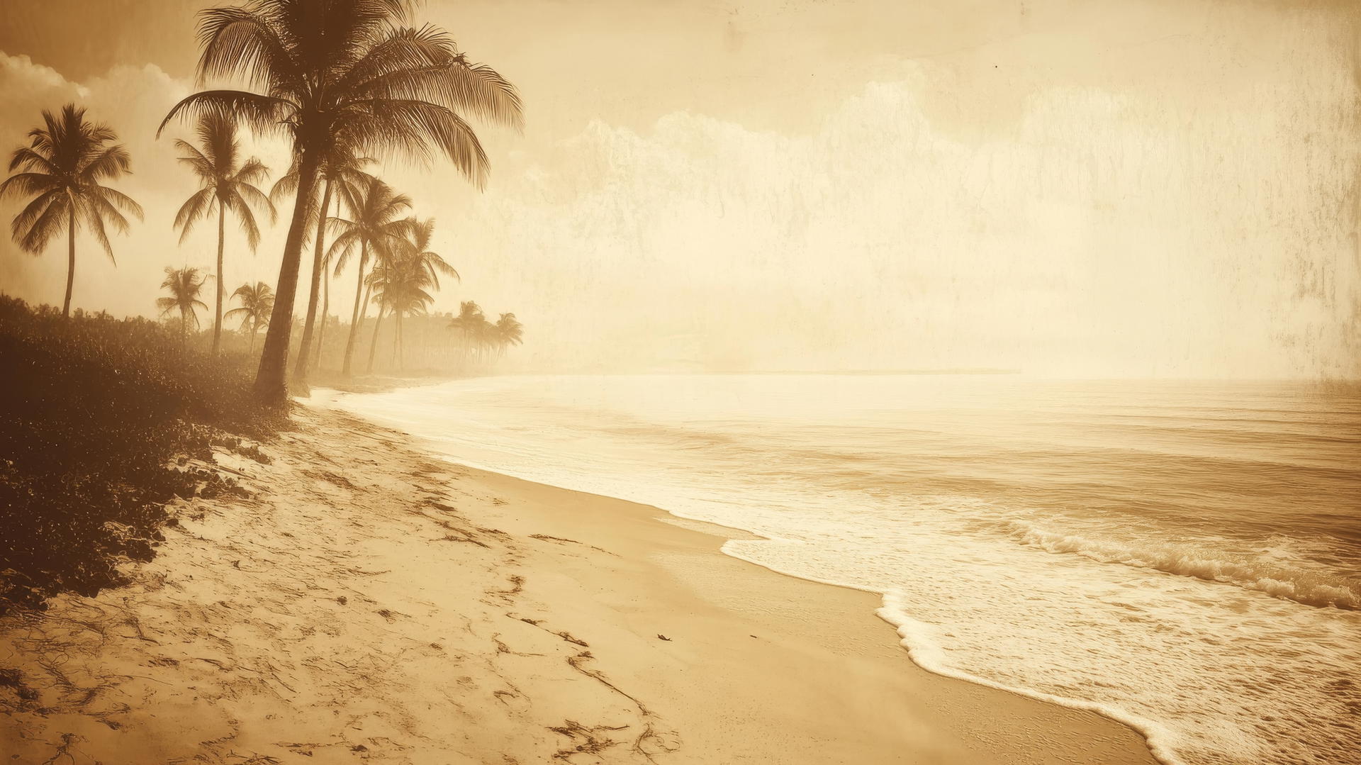 Aesthetic beach wallpaper with vintage sepia tones and distant palm trees