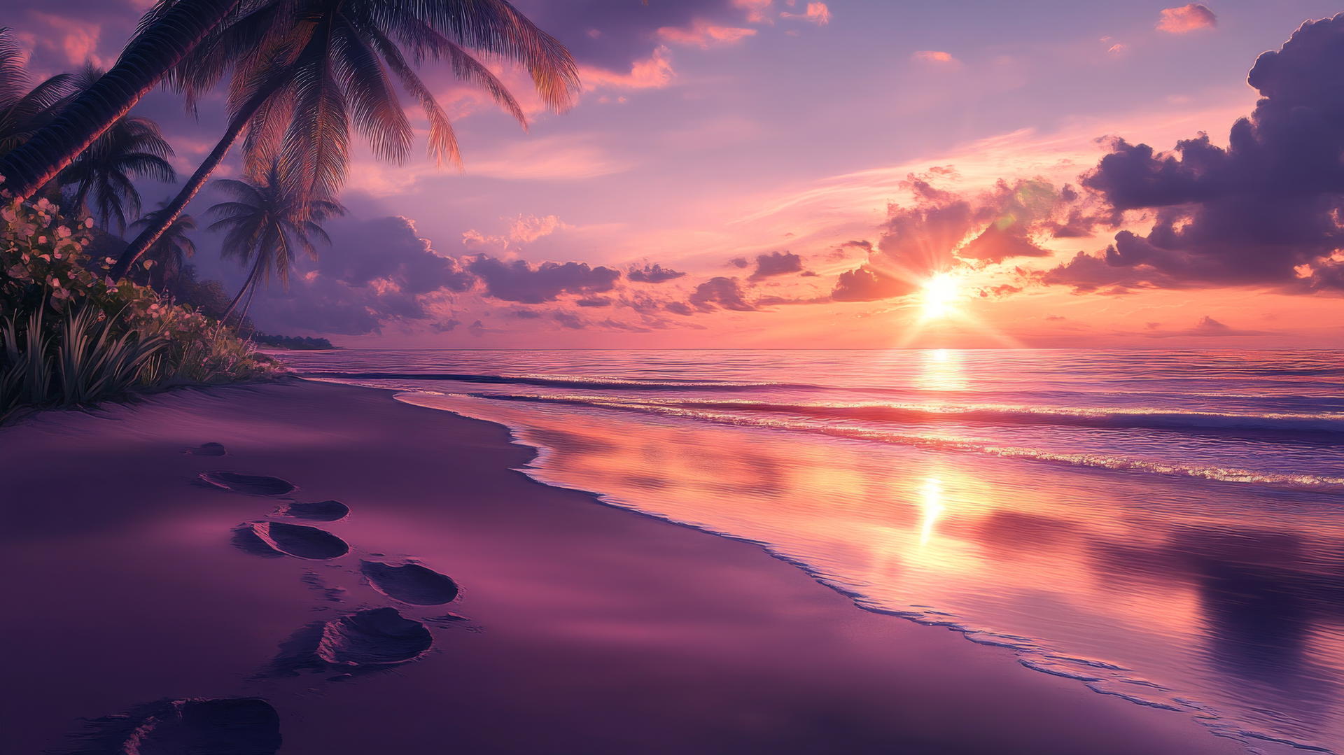 sunset background beach wallpaper with lavender and peach hues and palm trees