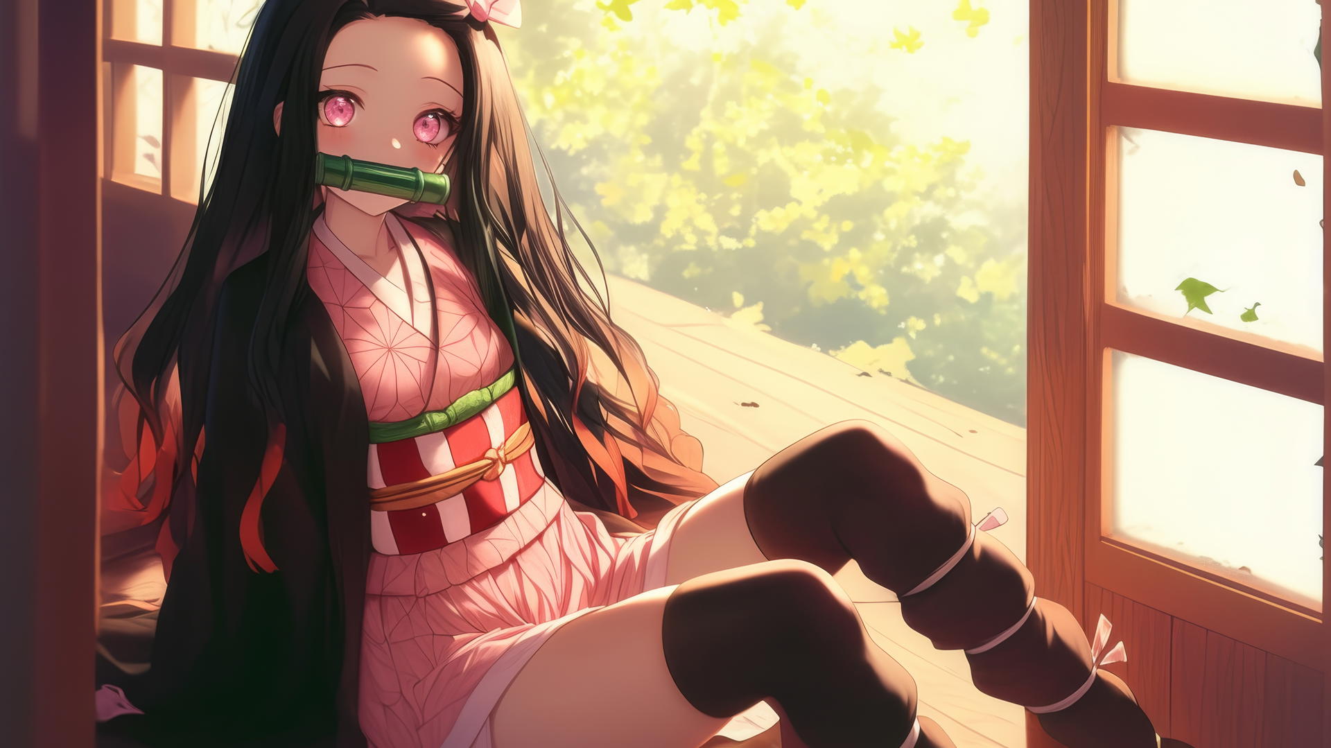 nezuko from Demon Slayer sitting in a sunny apartment, with soft pink eyes