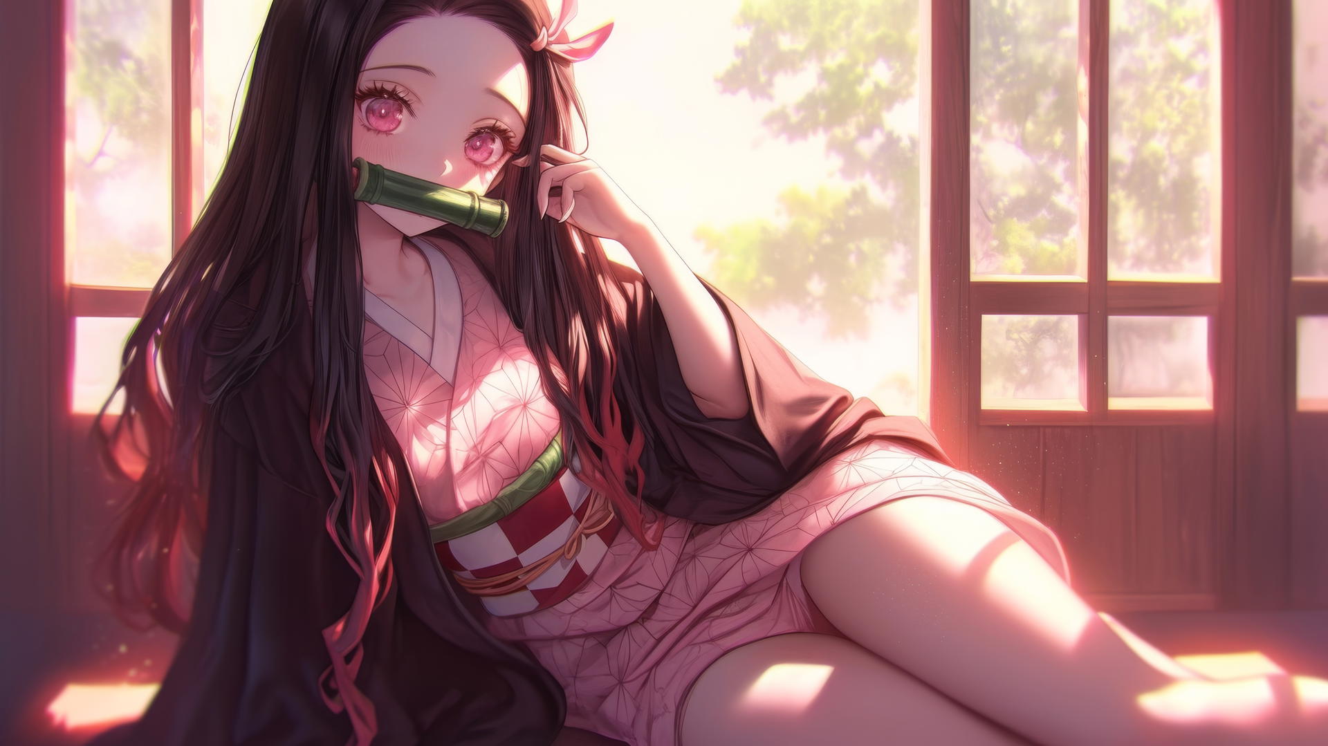 Nezuko from Demon Slayer in sunny apartment, soft glow on her, demon slayer wallpaper