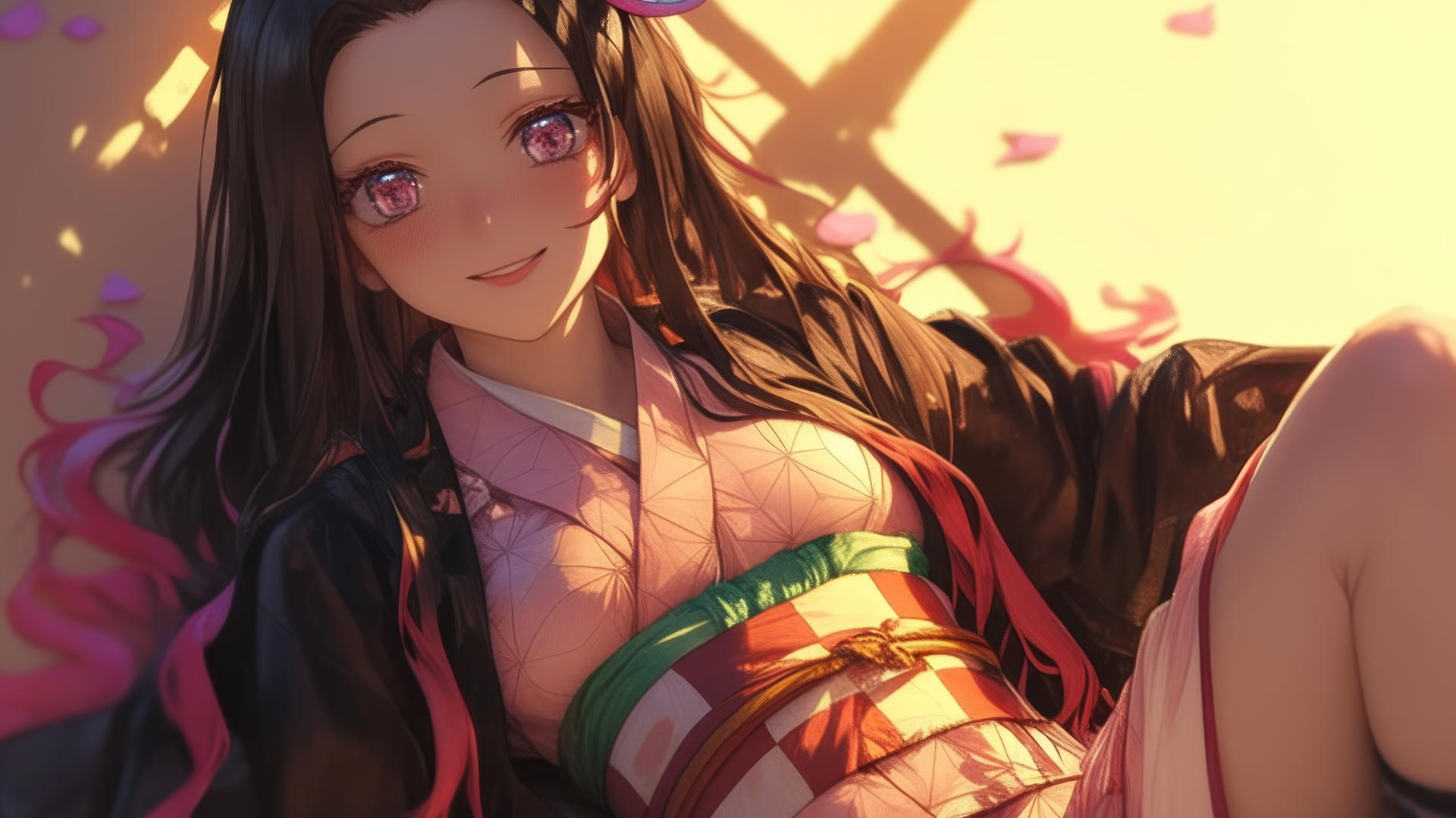 Nezuko from Demon Slayer sitting in a sunny apartment, warm light on her