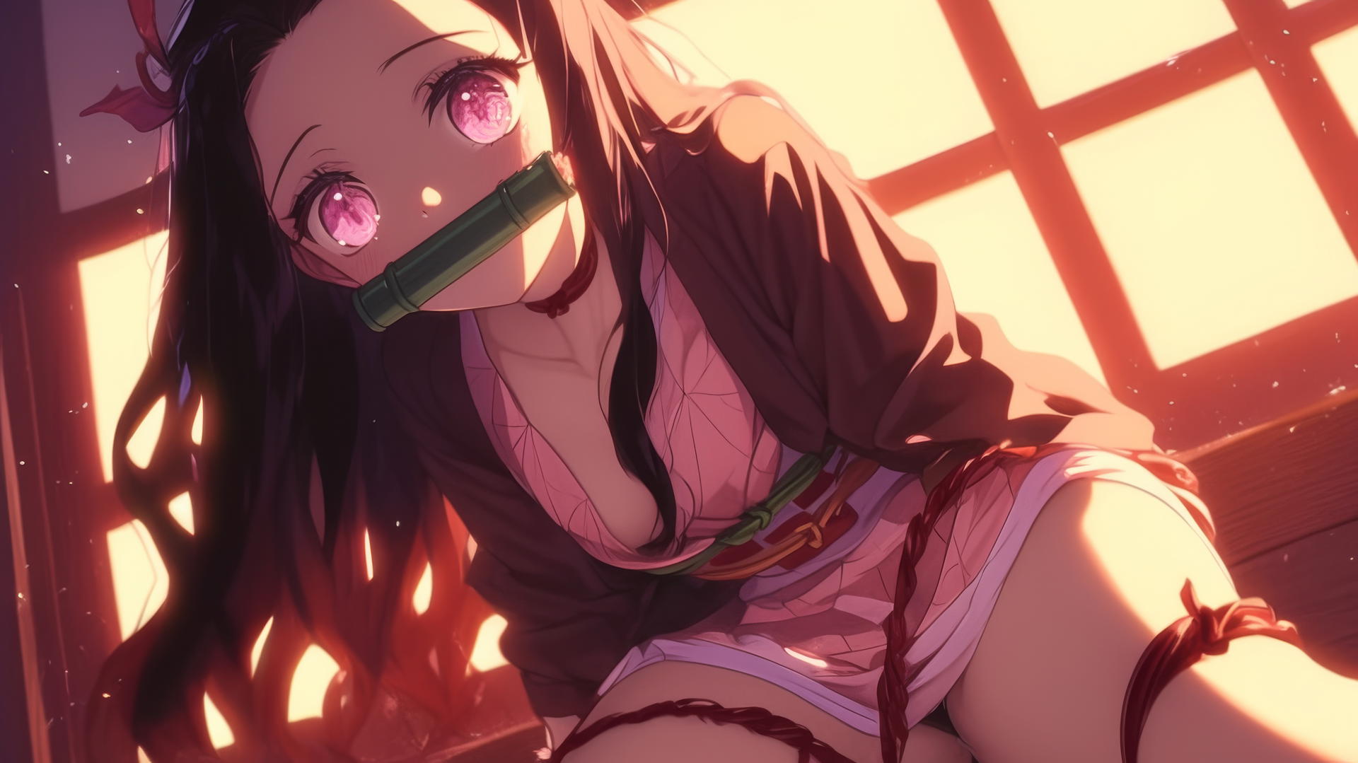 Nezuko from Demon Slayer kneeling in a modern hotel room