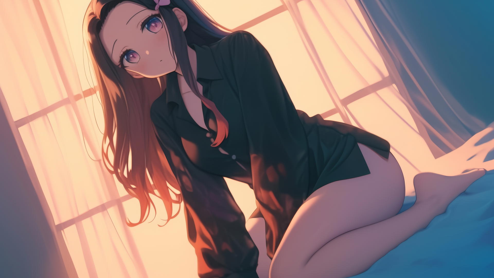 Demon Slayer wallpaper of Nezuko kneeling in modern hotel room with warm light