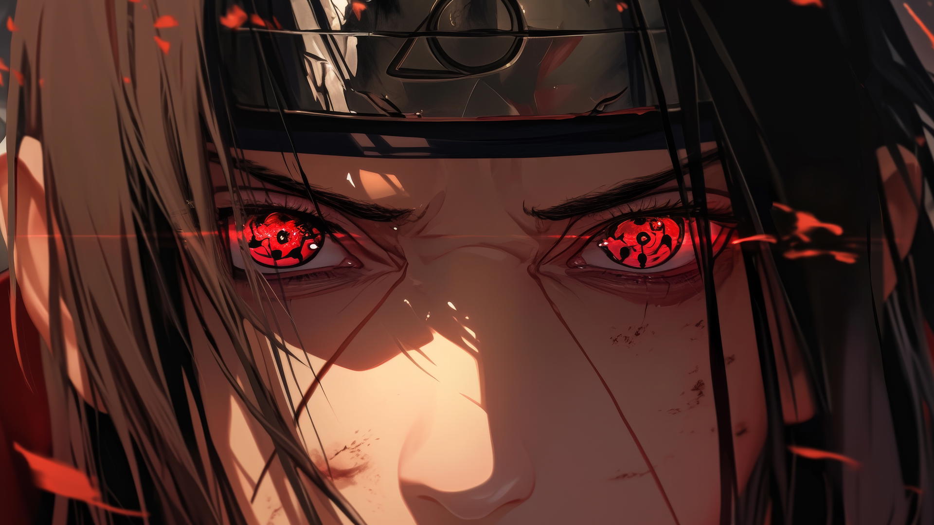 Itachi Uchiha with face half-covered in shadow, intense gaze, and Sharingan